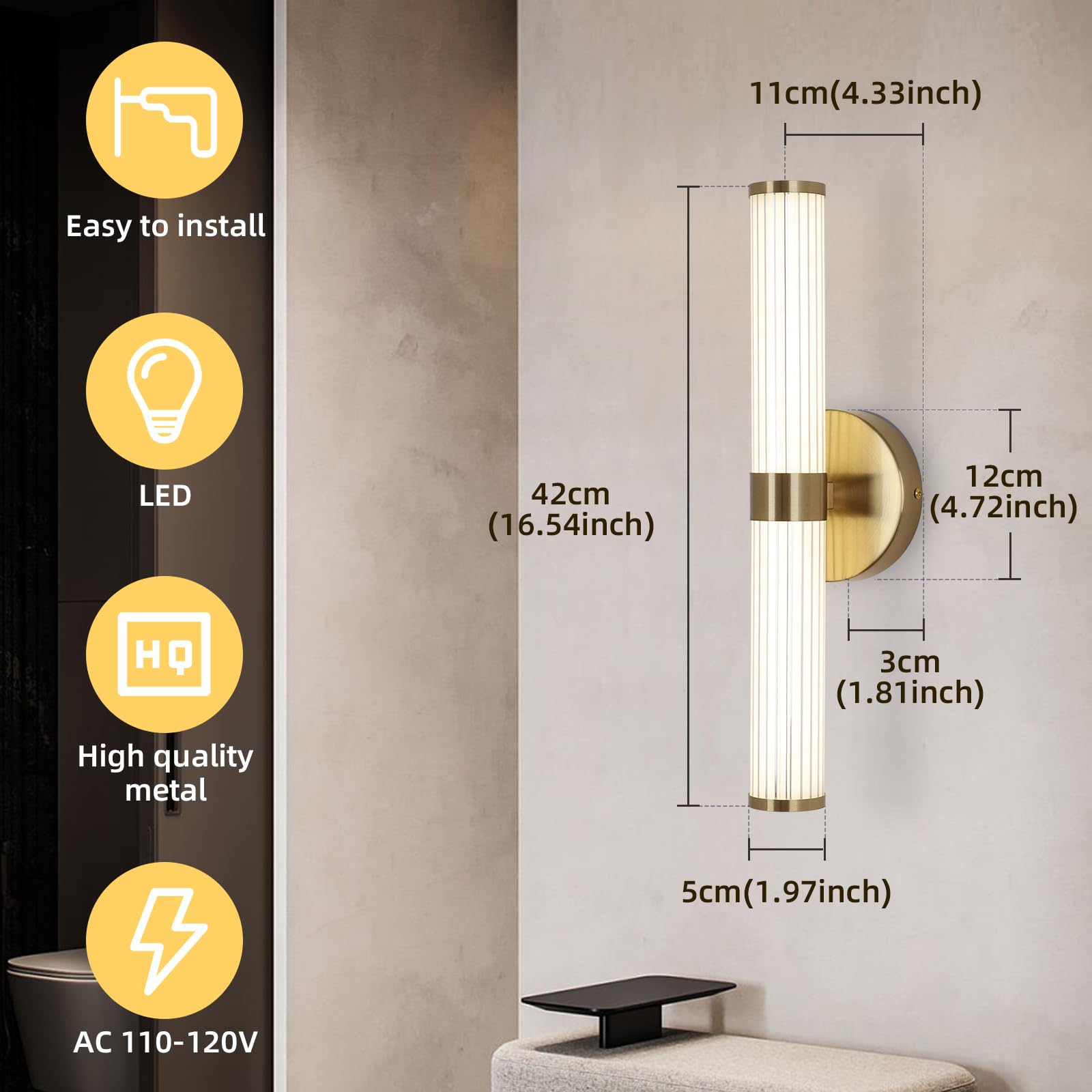 Bathroom Wall Sconce,LED Bathroom Vanity Light Fixtures Over Mirror,Gold Modern Wall Sconce 28W Wall Light for Bathroom Bedroom Living Room