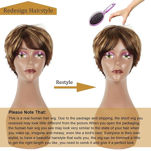 Miniatura 5 de Creamily Peluca corta de cabello humano castaño con corte Pixie para mujeres con flequillo mezclado rubio con reflejos rubios, peluca corta para