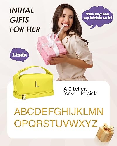 Miniatura 7 de Regalos para mujeres, bolsa de maquillaje personalizada con asa, bolsa de cosméticos con inicial de doble capa con organizador de brochas de