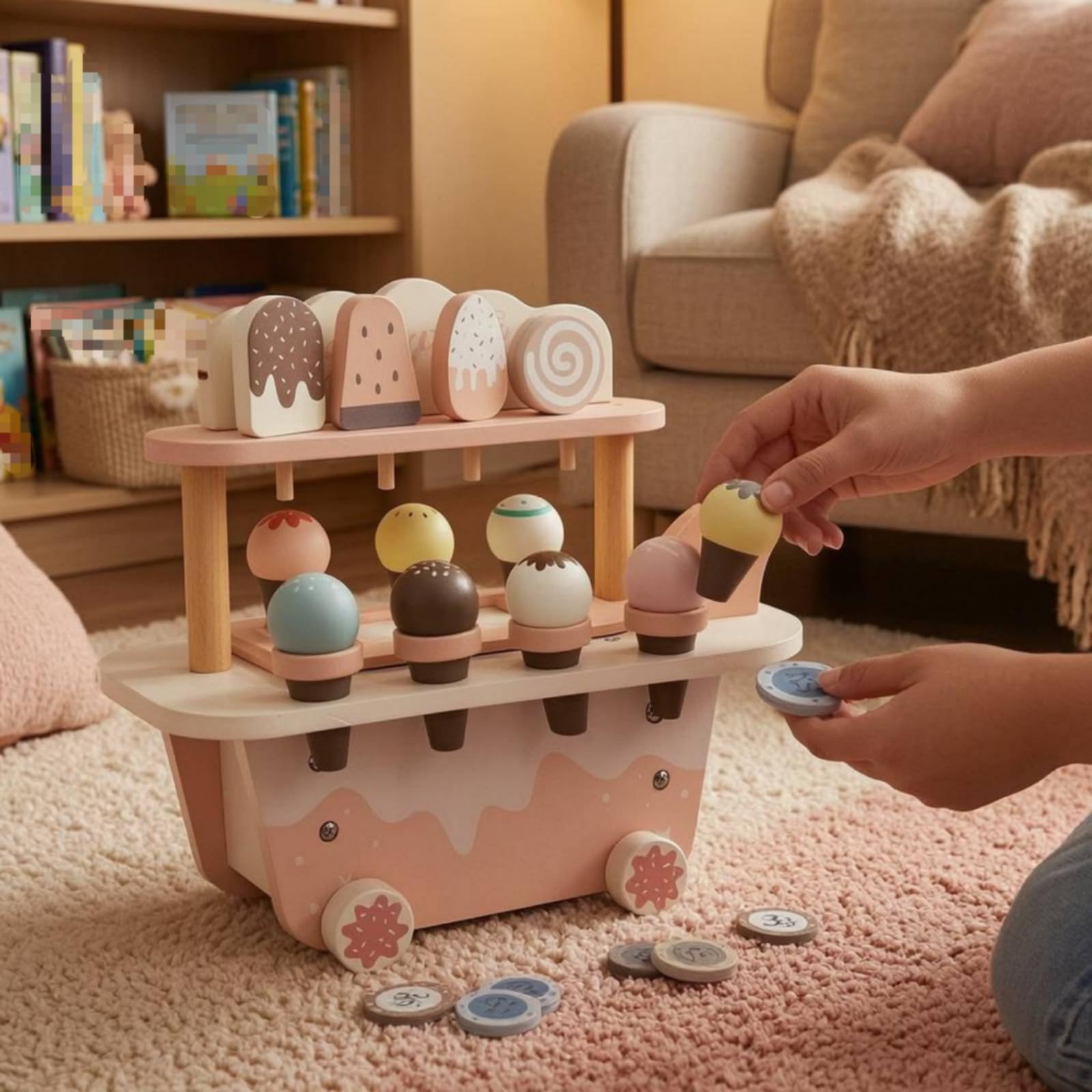 Kinder Spielwagen Holz Eisladen Wagen Kinderwagen Rollenspiel Spielzeugwagen mit Zweistufiger Präsentationsablage Robuster Holzbau Schiebegriff Räder für Innenraum Zuhause