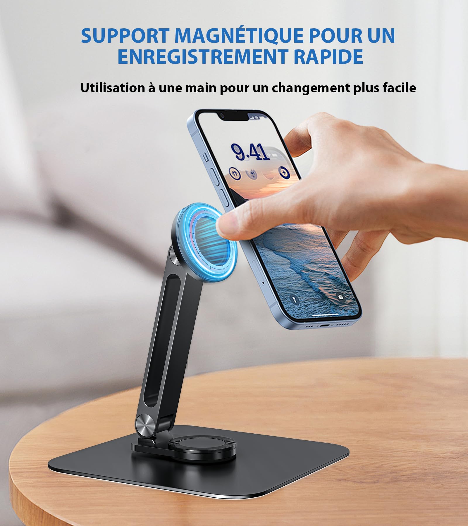 Support Magnétique pour Tablette avec Base Solide, Support de Bureau pour iPhone/Android/iPad, Support Réglable pour Téléphone Portable pour iPhone 16/15/14/13/12, Support de Moniteur