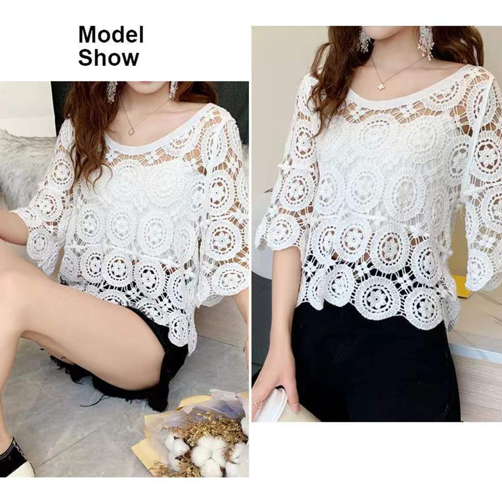 T-shirt d'été à manches 3/4 pour femme - Style bohème hippie - En tricot - Motif floral