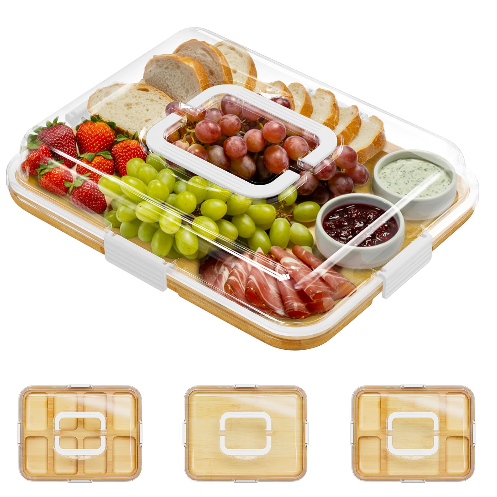 SpaceAid Charcuterie Board with Clear Lid, Portable Travel Cheese Cutting Boards for Picnic Accessories, Bamboo Serving Tray with Lids, House Warming Gifts, White Handles, 1 Compartments