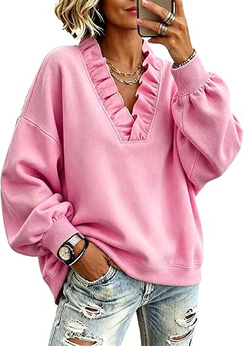 Oversized Sweatshirts for Women Ruffle V Neck Long Sleeve Pu