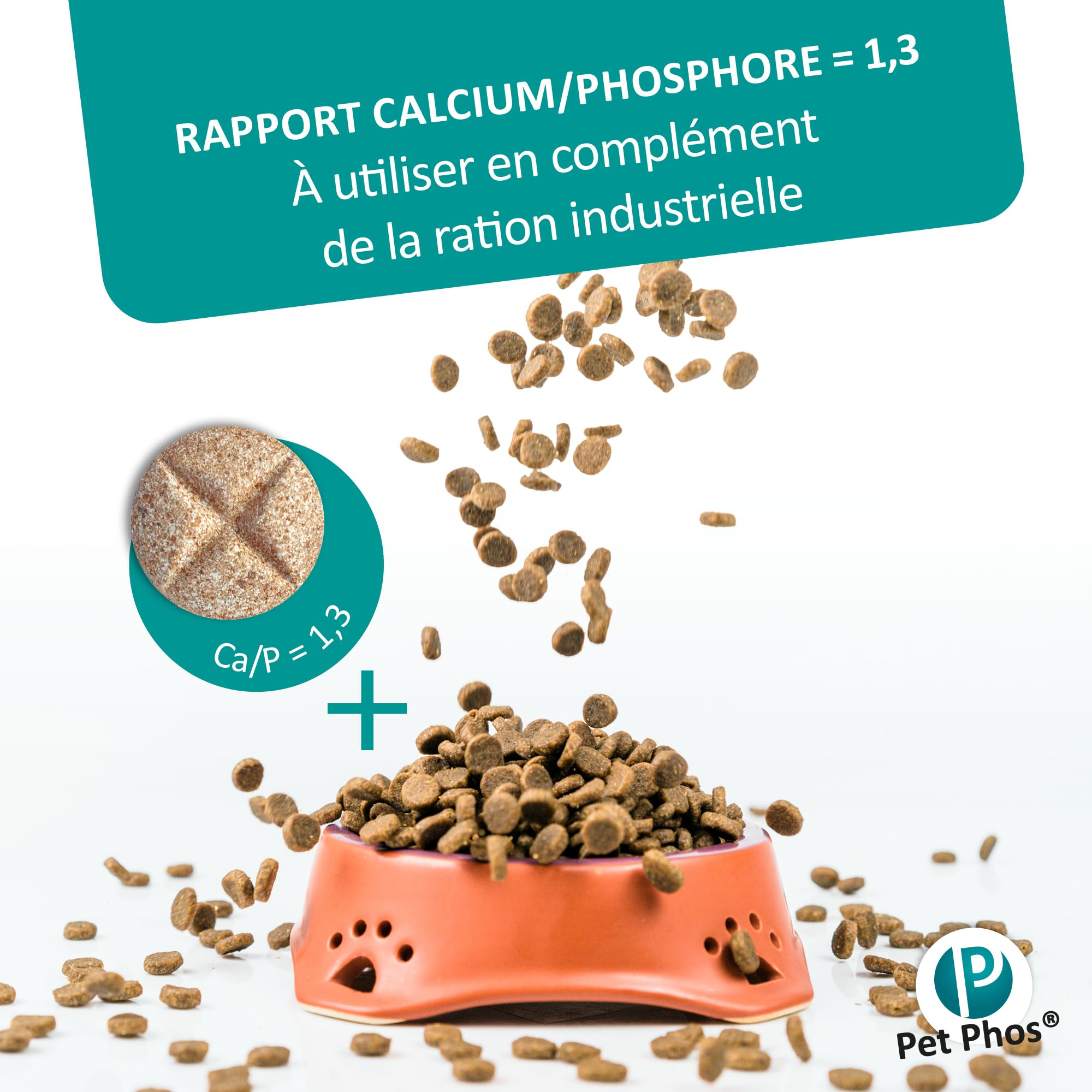 PET PHOS Croissance CA/P = 1,3 - pour Chiots en Croissance et Femelles gestantes ou allaitantes nourris avec Une Ration Industrielle. 100 comprimés