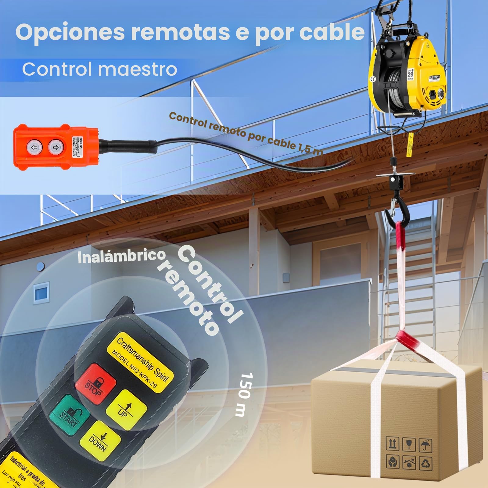 NEWTRY 300KG Polipasto eléctrico 1600W Motor Cabrestante 19M/min Elevación rápida Altura máxima de elevación 30 metros, 2 en 1 mando por cable y mando a distancia para garaje, taller 220V CE
