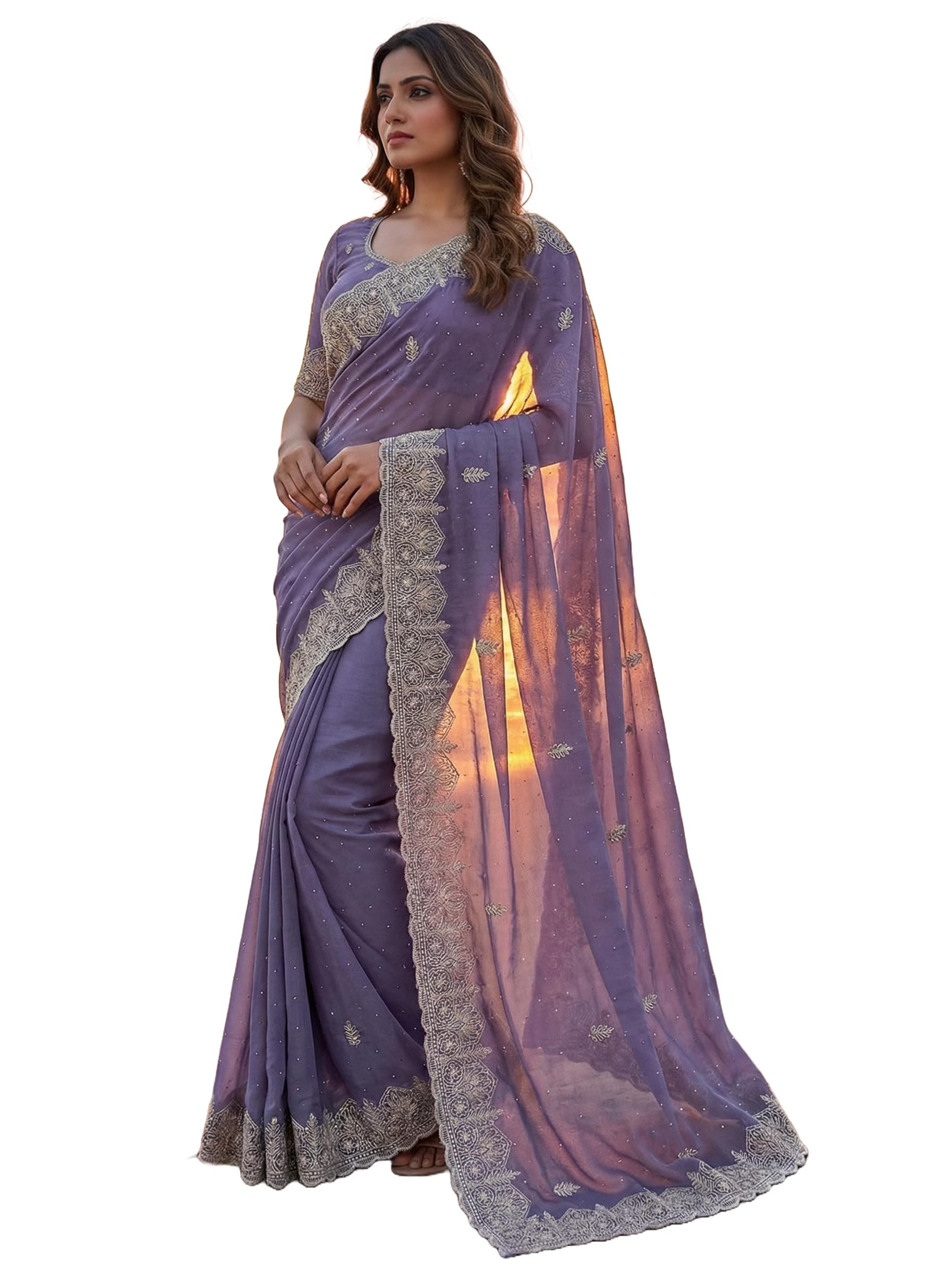 Pujia Mills Sari Stickerei Silber mit nahtloser Stickerei für Damen, schwere Bluse Sadi, Lavendel, Größe Nica
