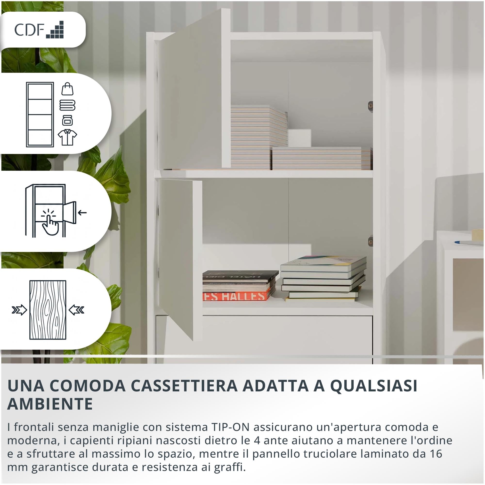 CDF Credenza Alta Armadio 4 Ante 50cm Ripiani Soggiorno Camera Corridoio Ingresso Ufficio Colonna Cassettiera Scaffale Multiuso Salvaspazio Mobile Stretto Dispensa Cucina Salotto Senza Maniglie Bianco