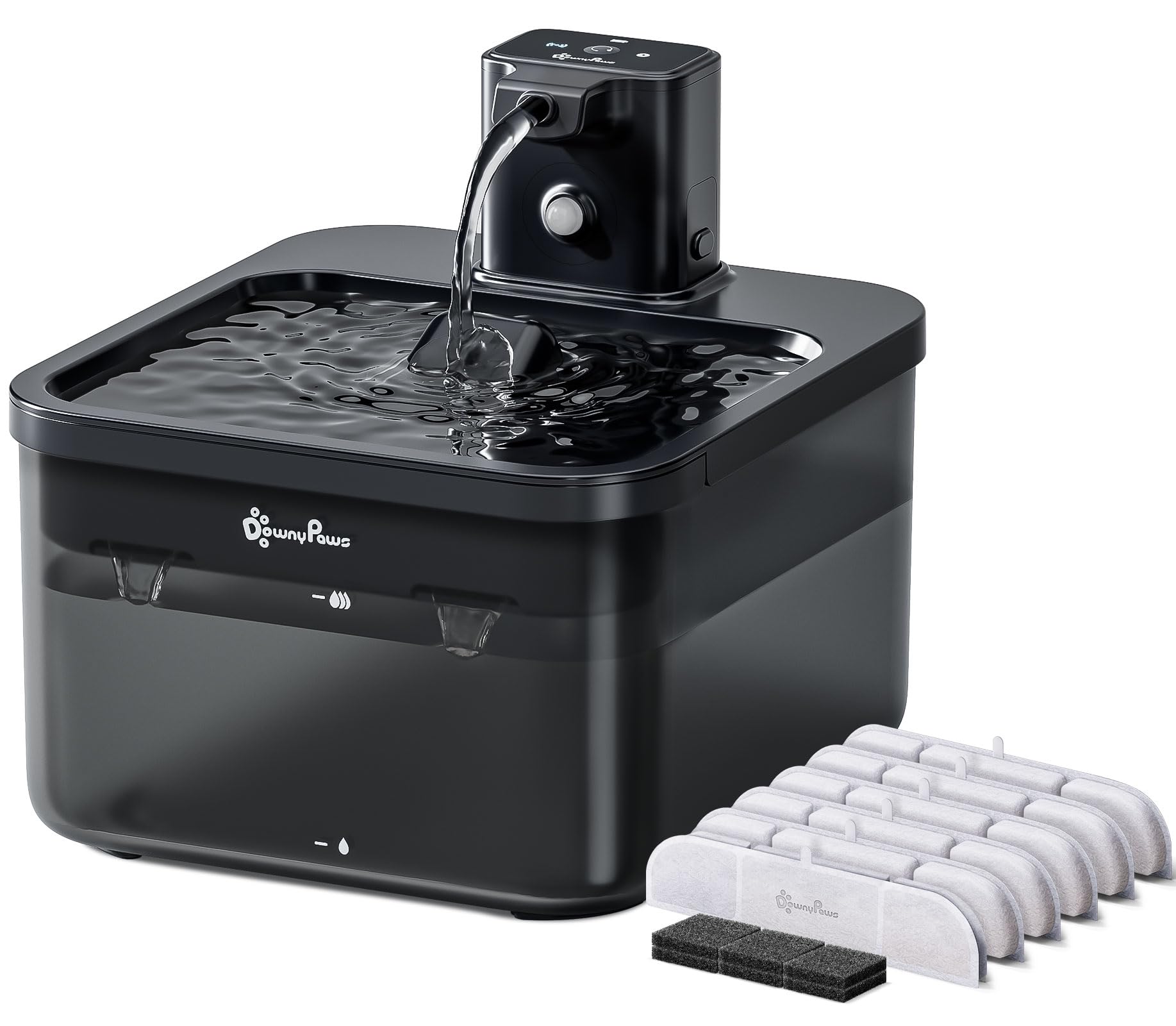 DownyPaws Battery Operated Cat Water Fountain, 84oz/2.5L Fursink Wireless Cat Waterer Fountain with Motion Sensor, BPA-Free, Black with 6 Filters