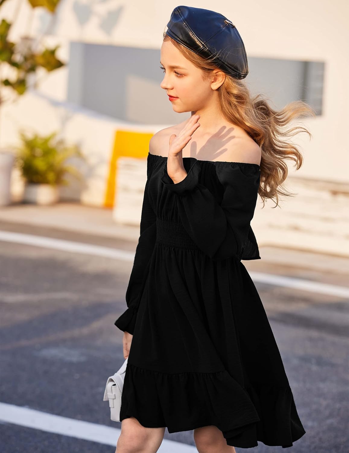 Arshiner Girls Dresses Long Sleeve Tie Back Fall Winter Off Shoulder Dress Kids Clothes - Image 5