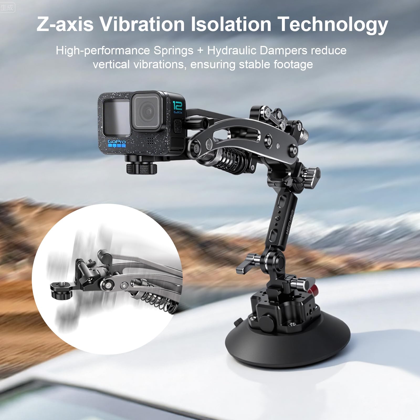 MR01 Braccio idraulico per videocamera MECHRIG - Supporto per auto a ventosa da 15 cm con guida NATO a sgancio rapido, braccio ammortizzatore per DJI Osmo Pocket 3/Inst 360/Go Pro