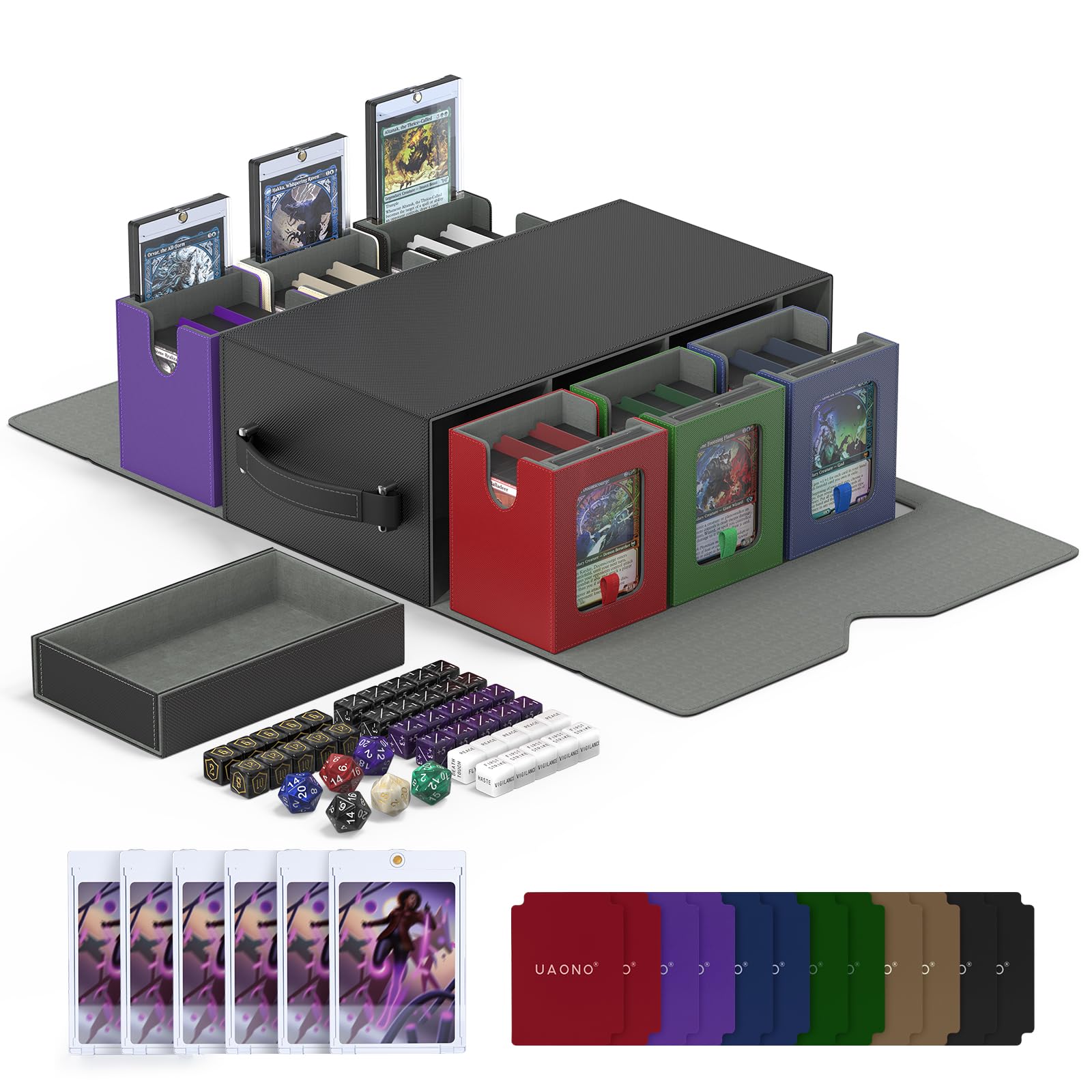 UAONO Commander Deck Box for MTG, 6-Deck Modular Card Case with Dice Tray Hold 600+ Double-sleeved Cards, Trading Cards Storage Box with MTG Dice 35PT Magnetic Card Holders, Multicolour Limited