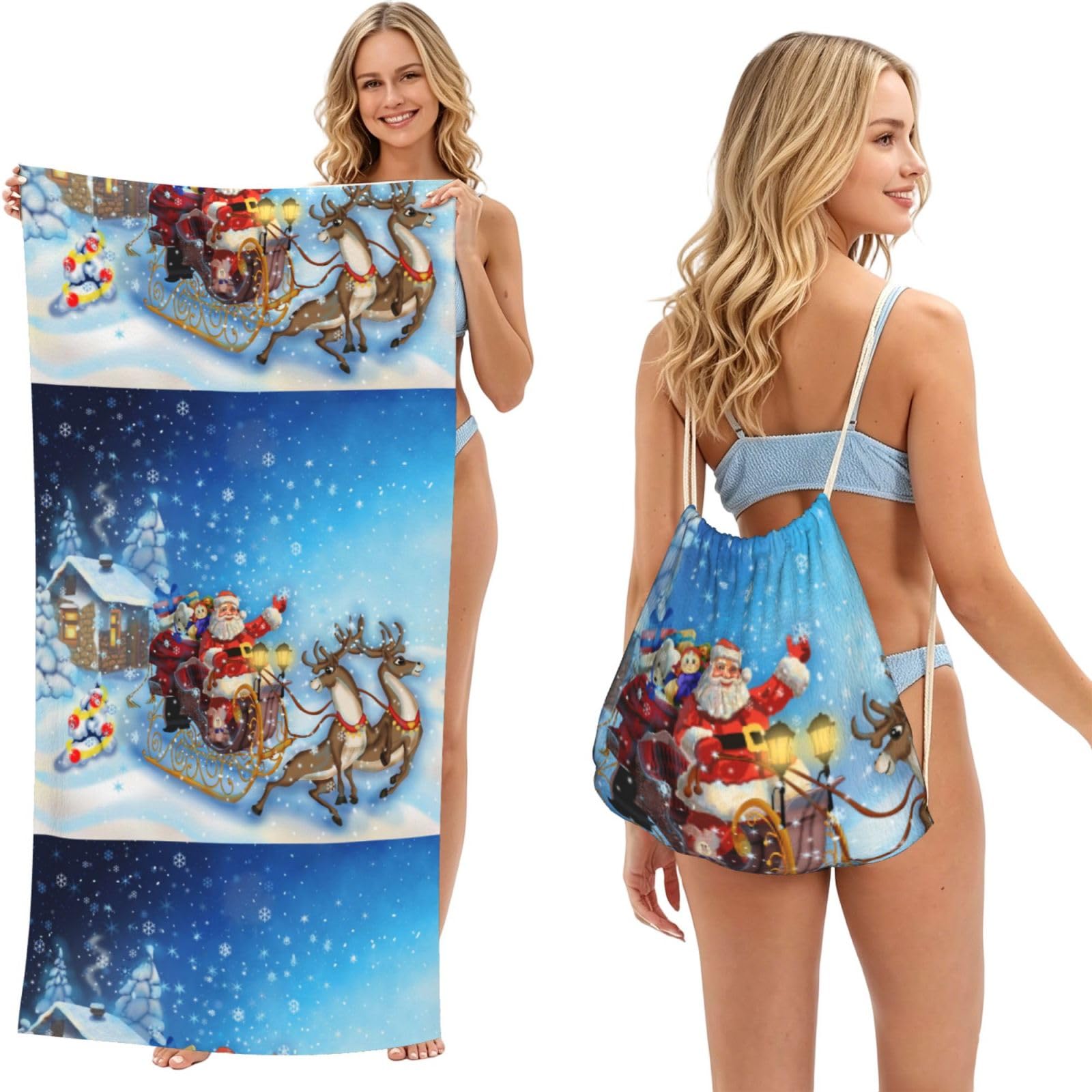 Poadnly As Picture Christmas Santa Reindeer, 2 In 1 Packable Towel Bag, Beach Towels With Drawstring Backpack For Travel Holiday Camping