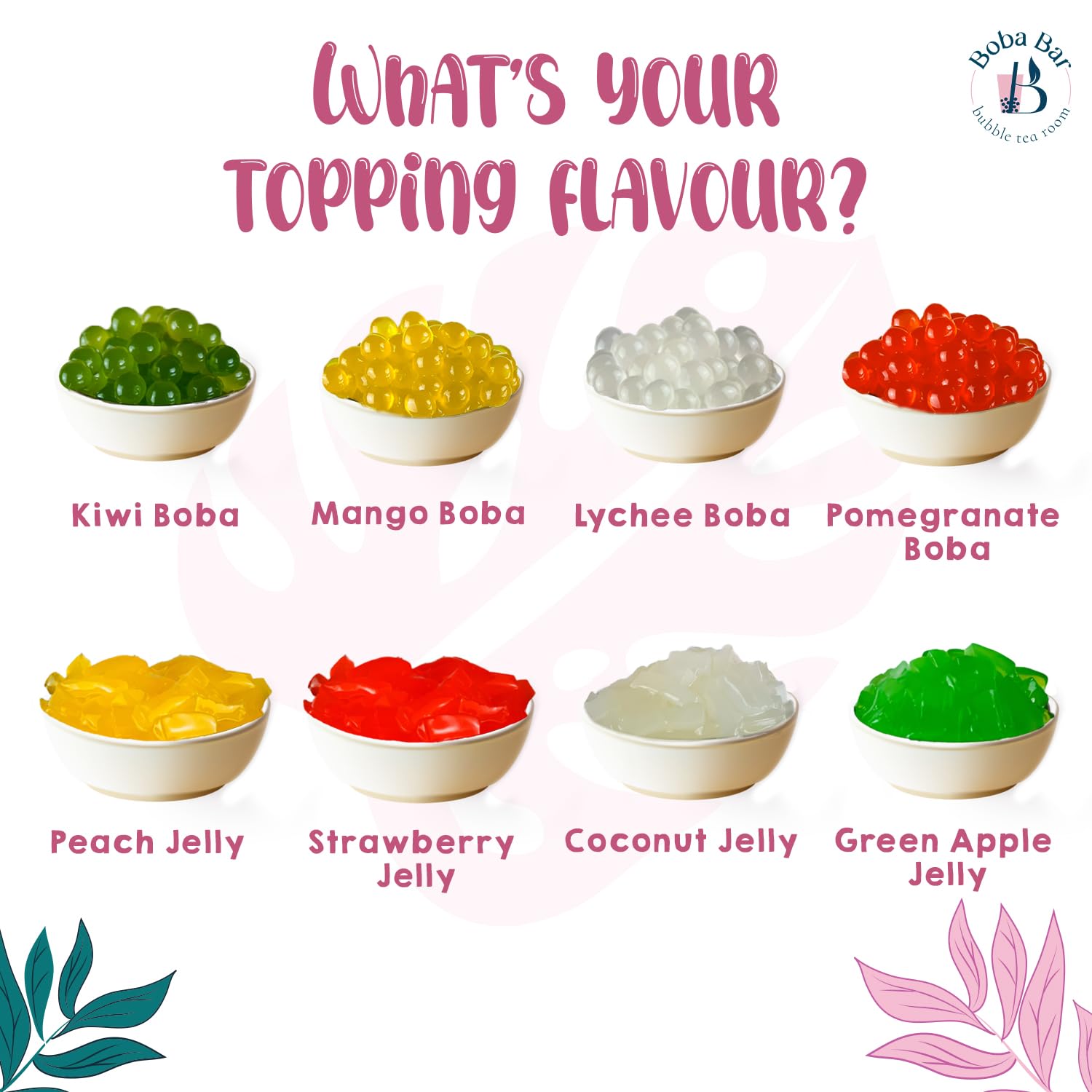 Fruit Fantasy Kit de té de burbujas de frutas 8 sabores Boba Jelly perlas de tapioca 8 porciones Bolsas de té verde y Assam