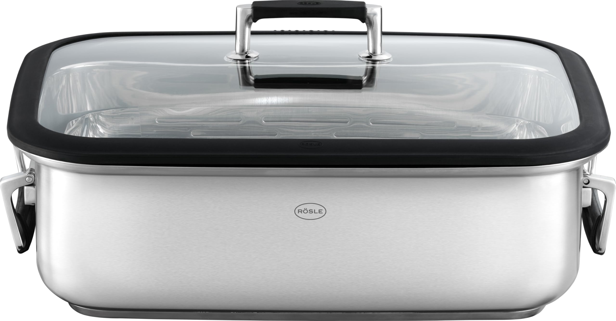 RÖSLE Silence Pro Rectangular Roasting Dish with Glass Lid, 18/10 Stainless Steel, Oven, Suitable for Induction Cookers, Dishwasher Safe, Silver