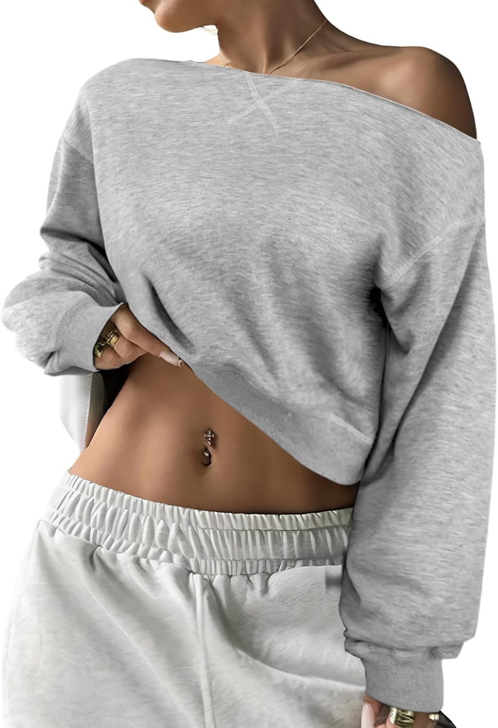 SOFIA'S CHOICE Women Off the Shouler Sweatshirt Crop Top Long Sleeve Pullover Sweatshirts - Image 3