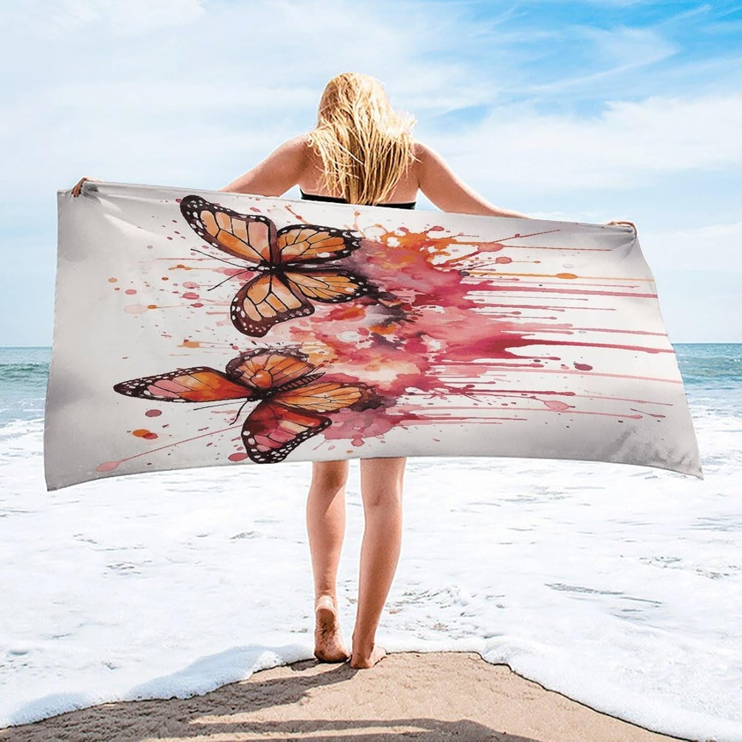 Butterfly Drip Spray Watercolor Towel Vacation Accessories Essentials Soft Lighterweight，Bath Towel for Adults Women Men，Bath Towels Gift for All Occasions, Machine Washable.