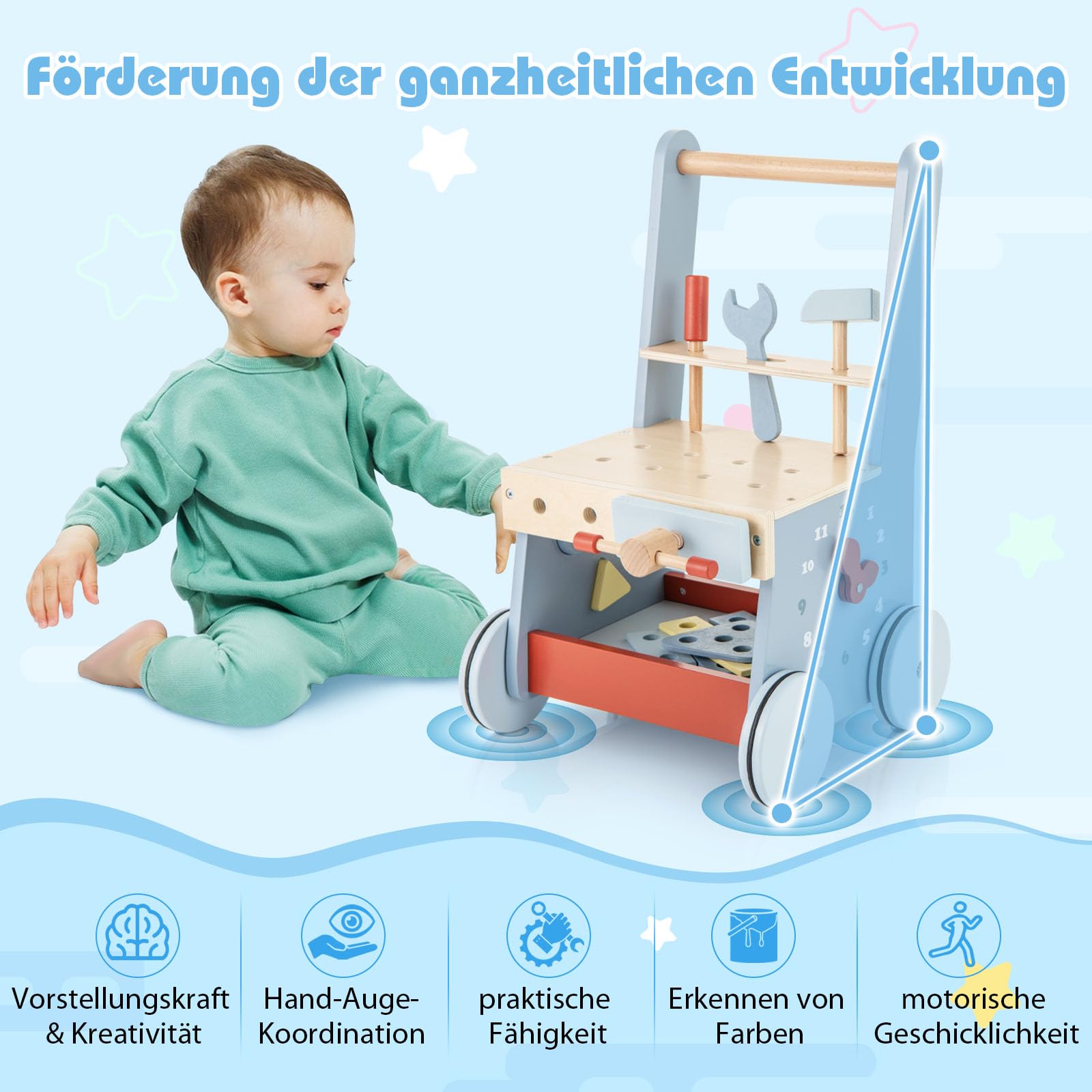 COSTWAY Lauflernwagen Holz, Baby Lauflernhilfe mit Multi-Aktivitätszentrum, Kinder Werkbank Spieltisch, Montessori Spielzeug, Laufwagen für Kinder ab 1 Jahr