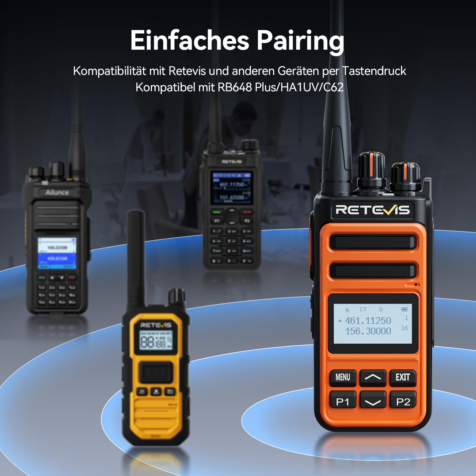 Retevis C66B Funkgeräte Set Lange Reichweite, Walkie Talkie mit Headset | Fast Charging Walkie Talkies, Noice Reduction, Emergency Alarm, Professional Funkgeräte für Restaurants, Hotels(Orange, 4Pcs)