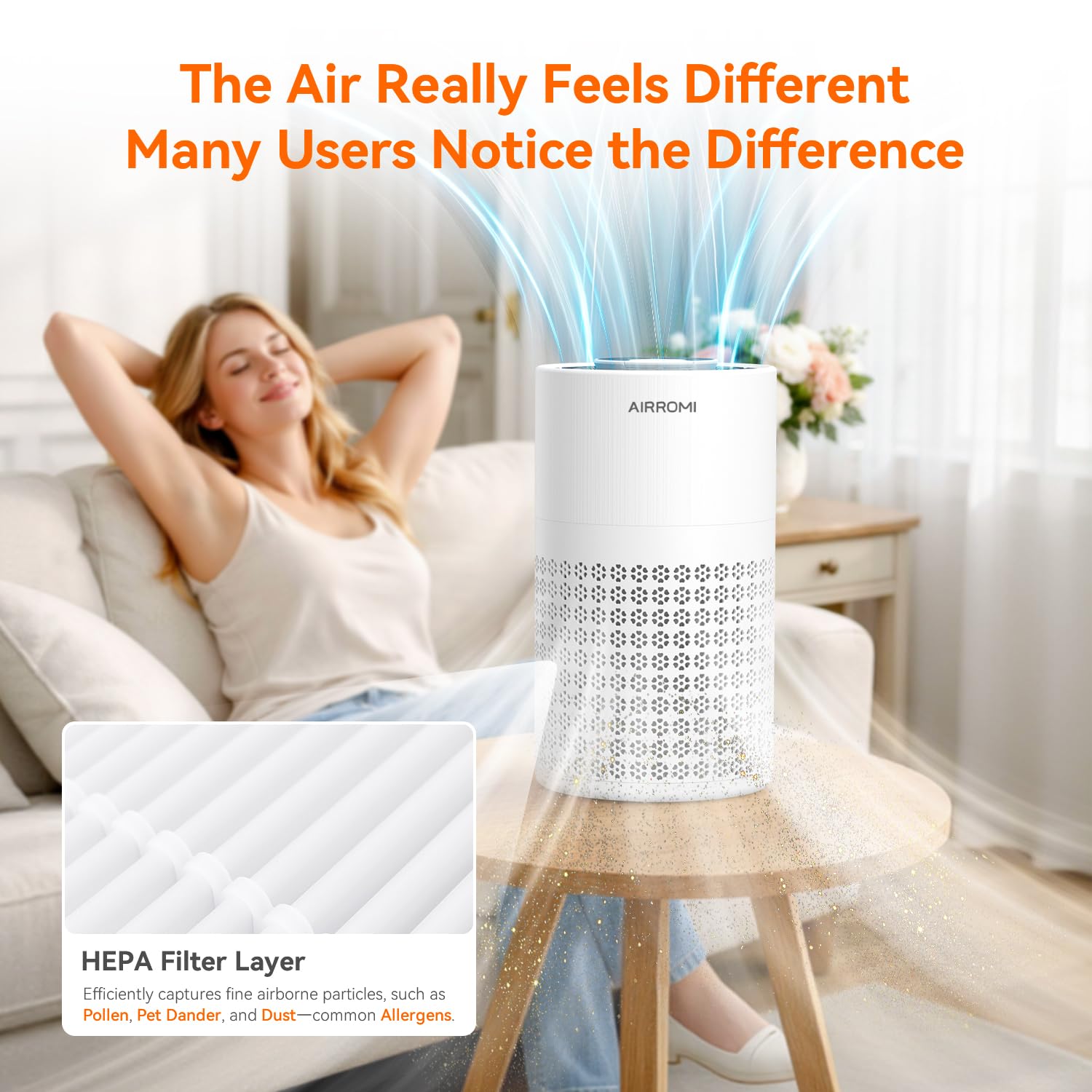 AIRROMI Air Purifier for Bedroom with HEPA 3-in-1 Filter, Pet Air Purifier for Home Cat Pee Smell, Covers Upto 990 Ft², Quiet 360° intake Air Cleaner for pet hair,allergies,Dust,Smoke A2001 White