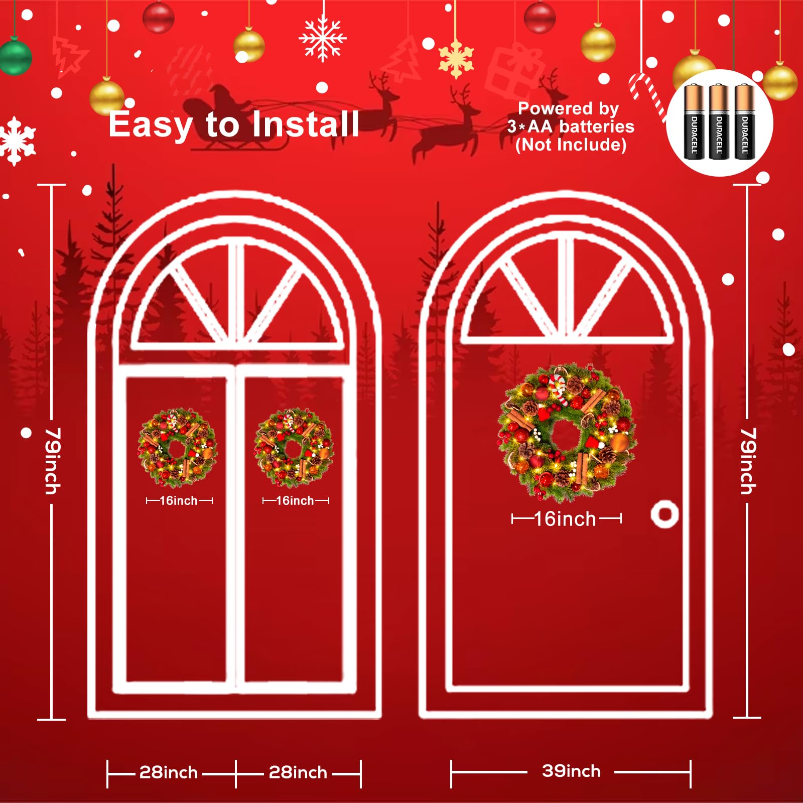 GlobaLink Weihnachtskranz 40cm, Türkranz Weihnachten mit 40 LEDs Timer Batteriebetrieben Künstlicher Kranz mit Zuckerstange Zitronenscheiben und Weihnachtskugeln Weihnachtsdeko für Feste Advent Türe