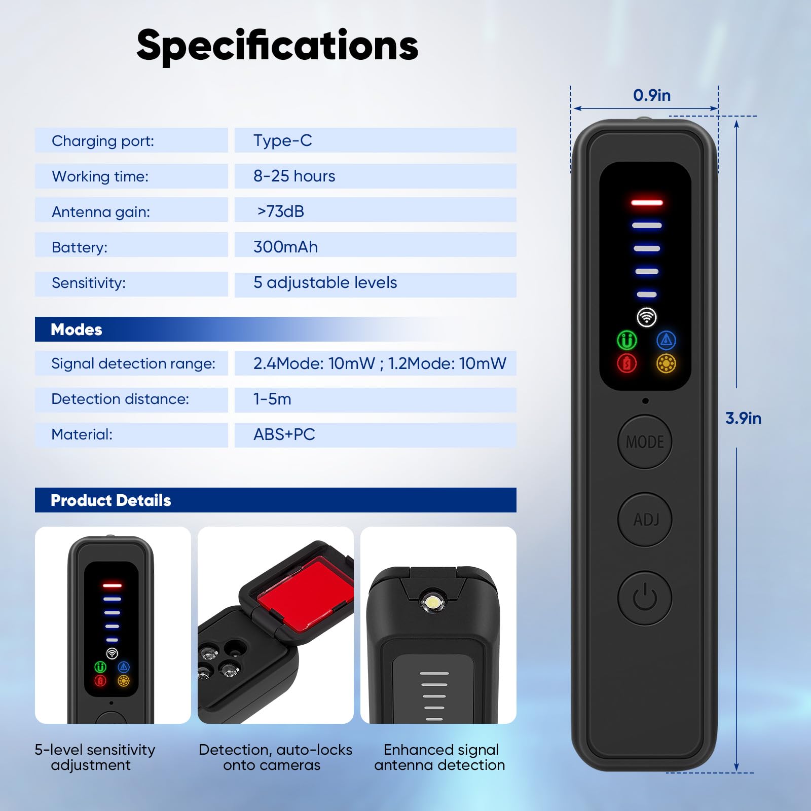 Détecteur de Caméra et Micro Espion, Détecteur de Caméra Cachée avec Détection RF et Champ Magnétique pour Hôtel, Bureau, Voiture, Voyage, Protection de la Vie Privée et Sécurité