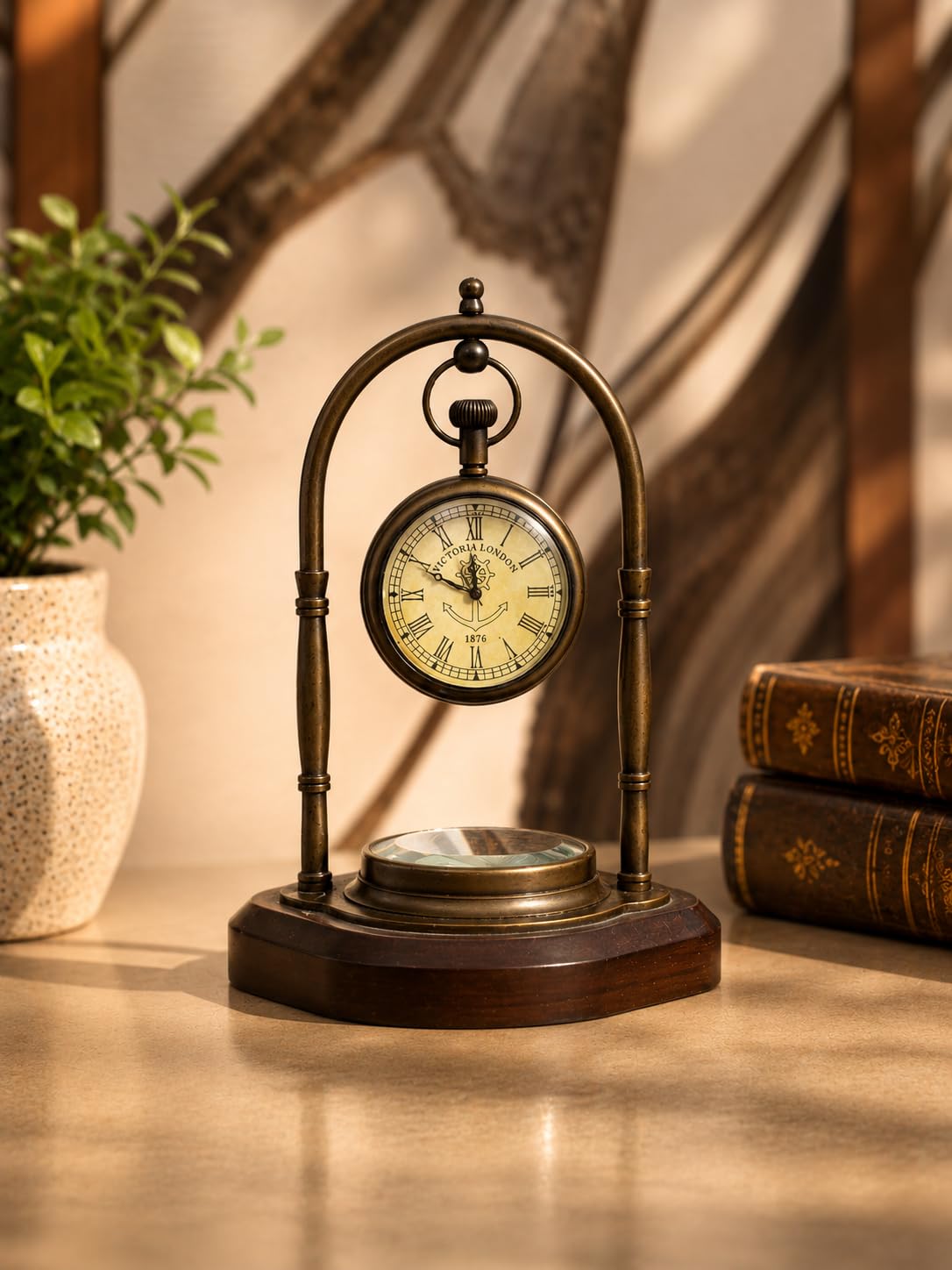 Vintage Brass Desk Clock with Compass, Nautical Pocket Watch