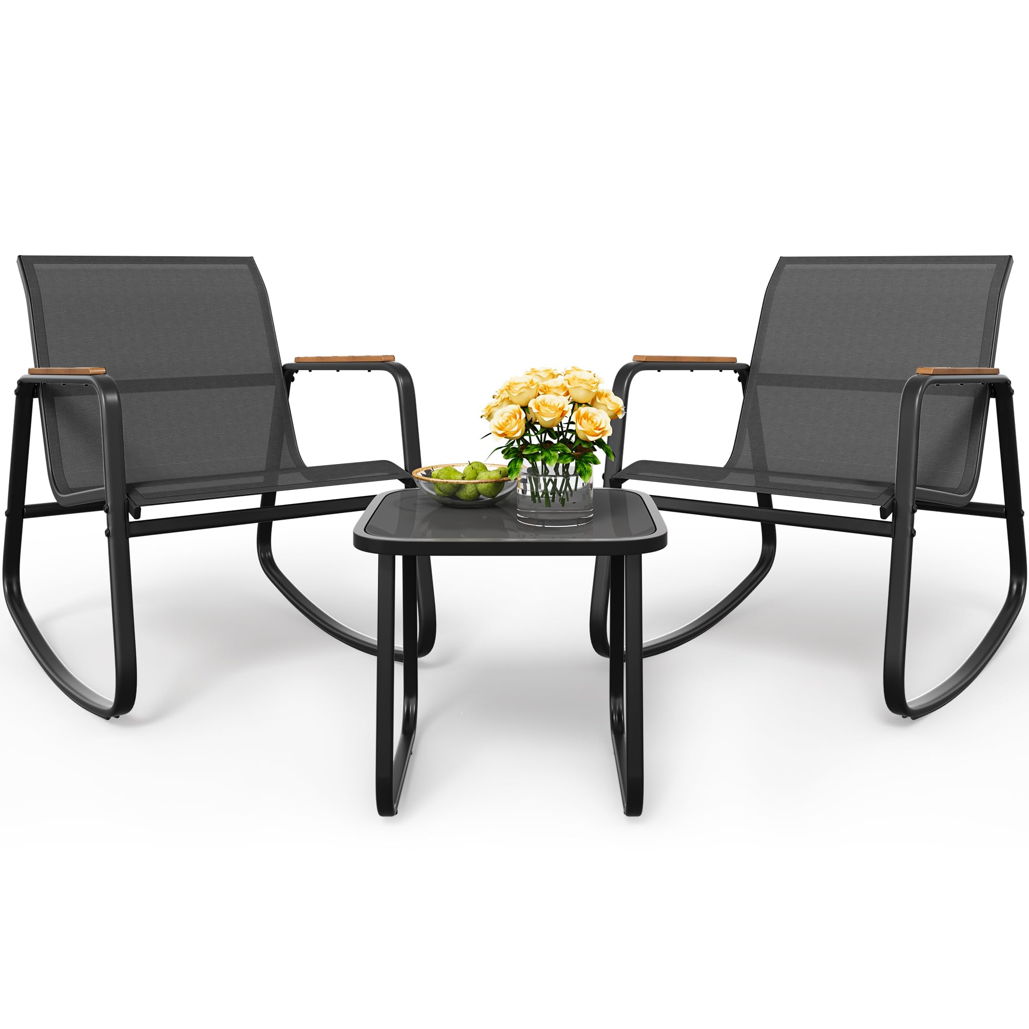 YITAHOME 3 Piece Rocking Bistro Set, Outdoor Patio Furniture Set with Wooden Armrests, Porch Chairs Set with Glass Table for Lawn, Garden, Balcony, Poolside, Dark Gray