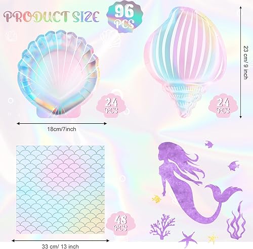 Miniatura 8 de Juego de 96 suministros para fiesta de sirena, 48 platos de concha de mar de 7 pulgadas y 9 pulgadas, 48 servilletas desechables de sirena, platos