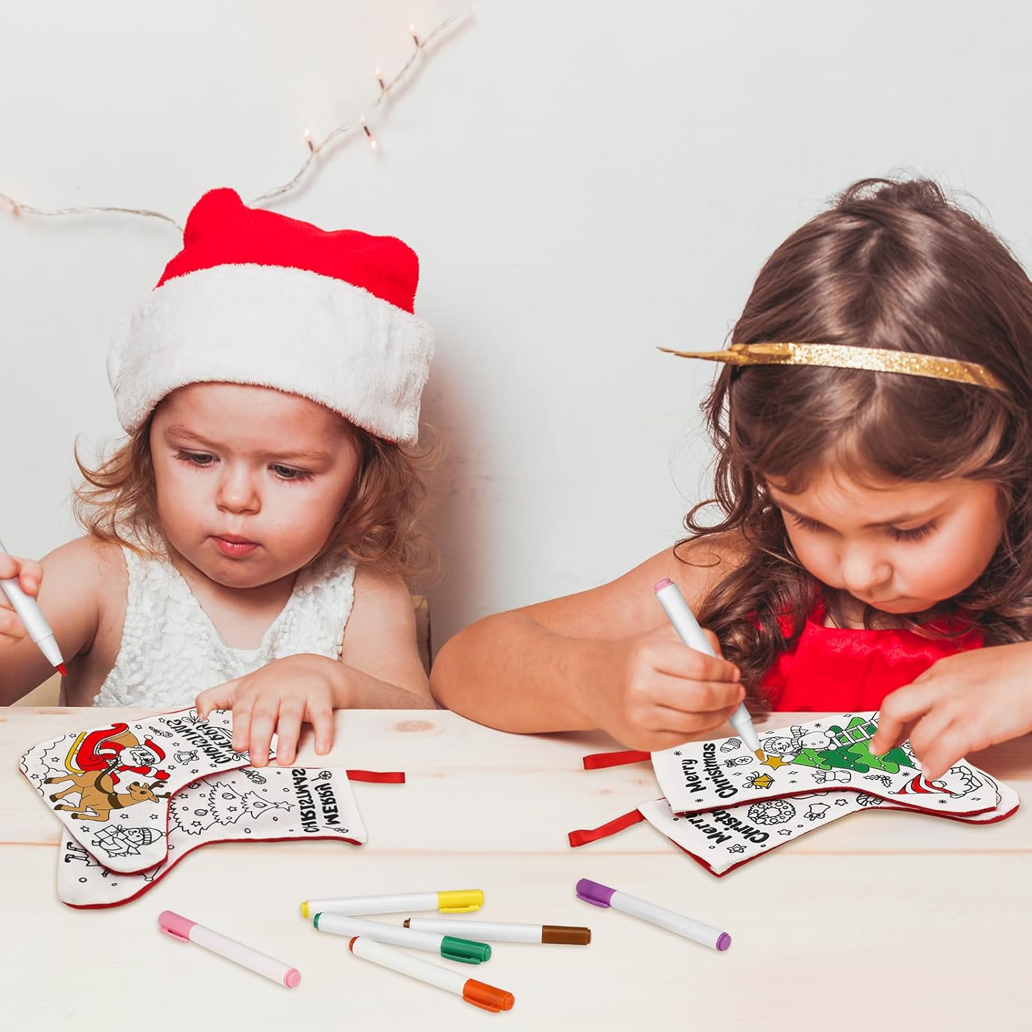 Zhanmai 24 Pcs Color Your Own Christmas Stockings with 48 Pcs Pens, DIY Christmas Stocking Crafts Kit Xmas Stockings Gift for Adults Family Holiday Party Decoration(Merry Xmas)