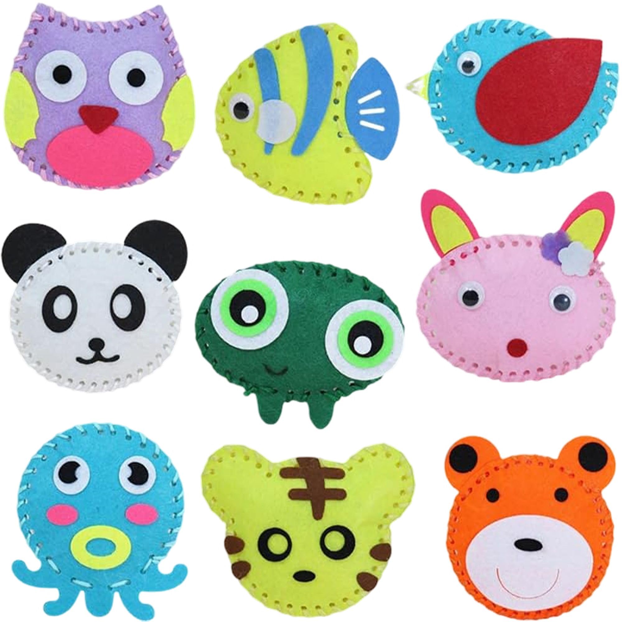 WSNDM 10 Pezzi Confezione da Cucito in Feltro per Bambini, DIY Kit da Cucito di Animale per Principianti, Bambole di Ripieni Arte e Artigianato, Divertenti Ornamenti, Lavoretti Creativi