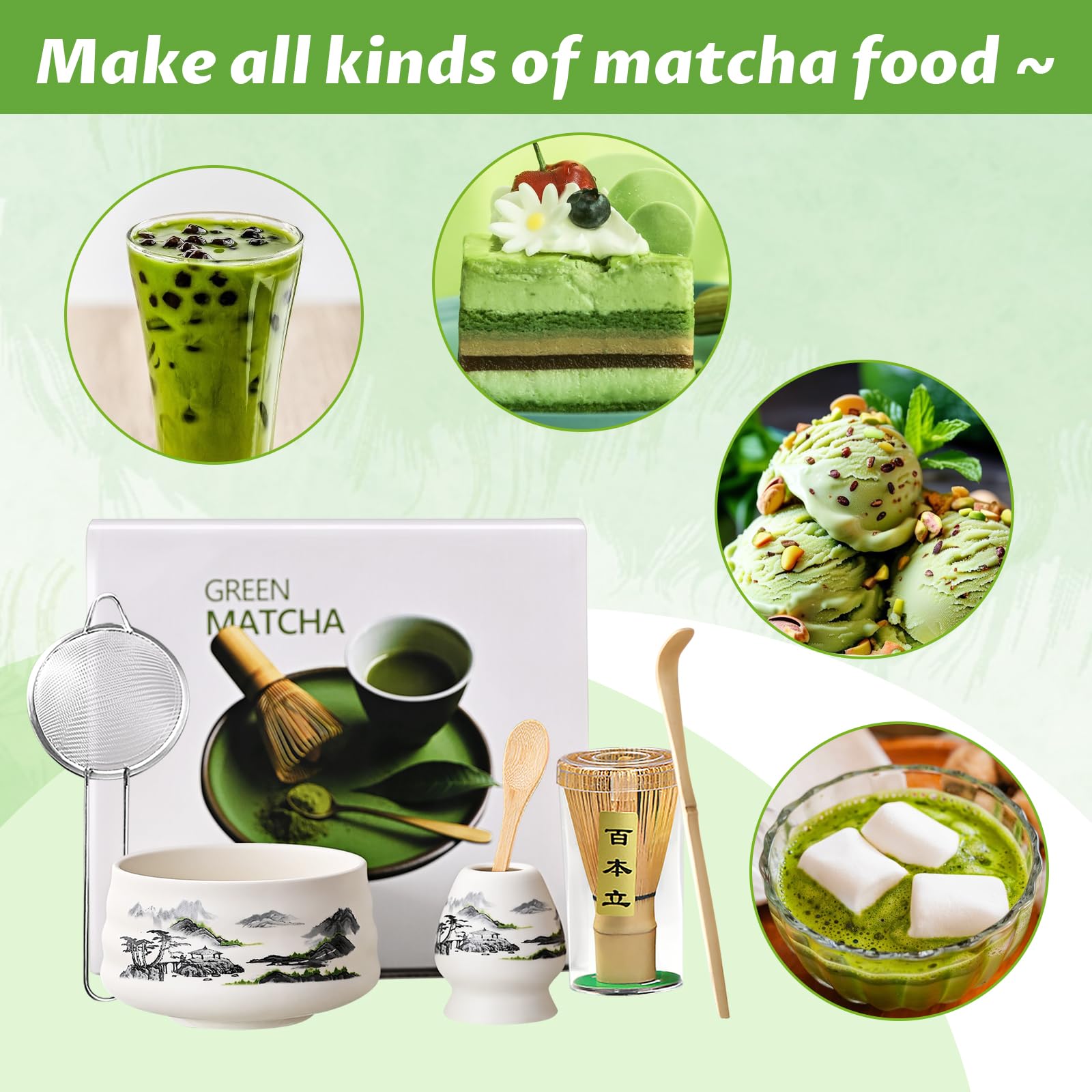 Zestaw do matchy, japoński herbaty, miska, szufelka, sitko, uchwyt na miotłę do matchy, zestaw herbaty Matcha (Czarno-biały krajobraz)