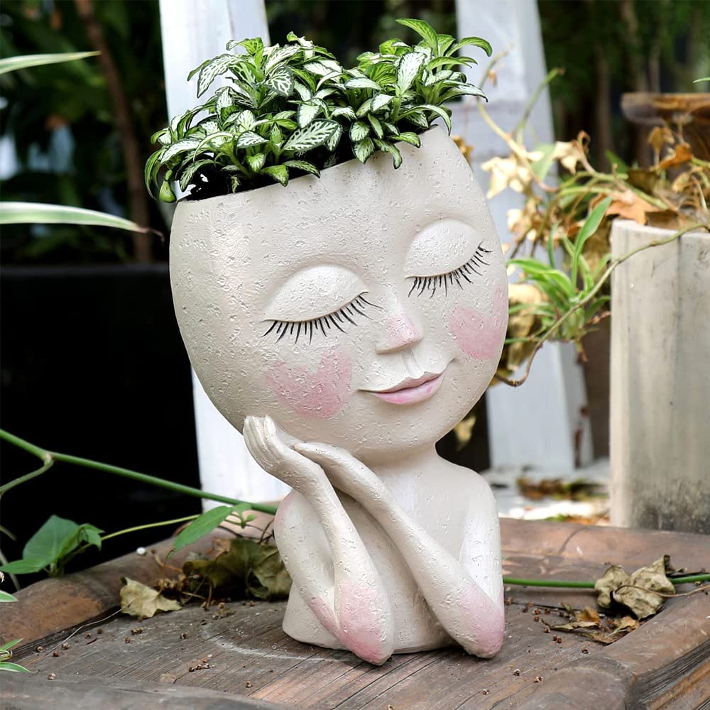 Meyas Cute Lady Face Planters, Indoor/Outdoor Succulent & Flower Pots With Drainage Hole, Resin Material, Perfect Garden Gift - Image 3