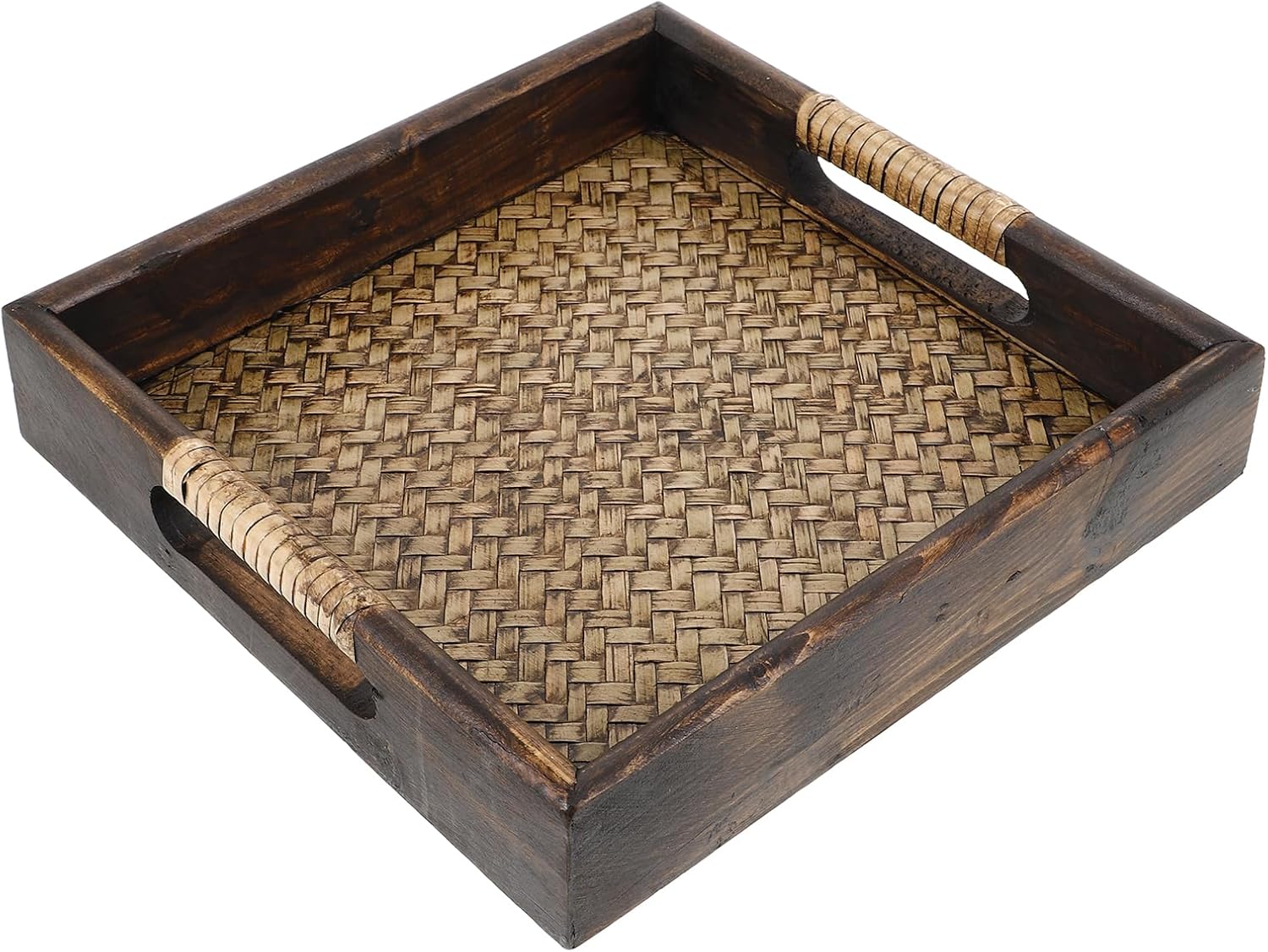 Rustic Rattan Square Serving Trays, Small Wicker Storage Dish with Handle, Coffee Table Decorative Basket Food Board Platters for Bread, Snack, Vegetable, Fruit, Breakfast, 9"