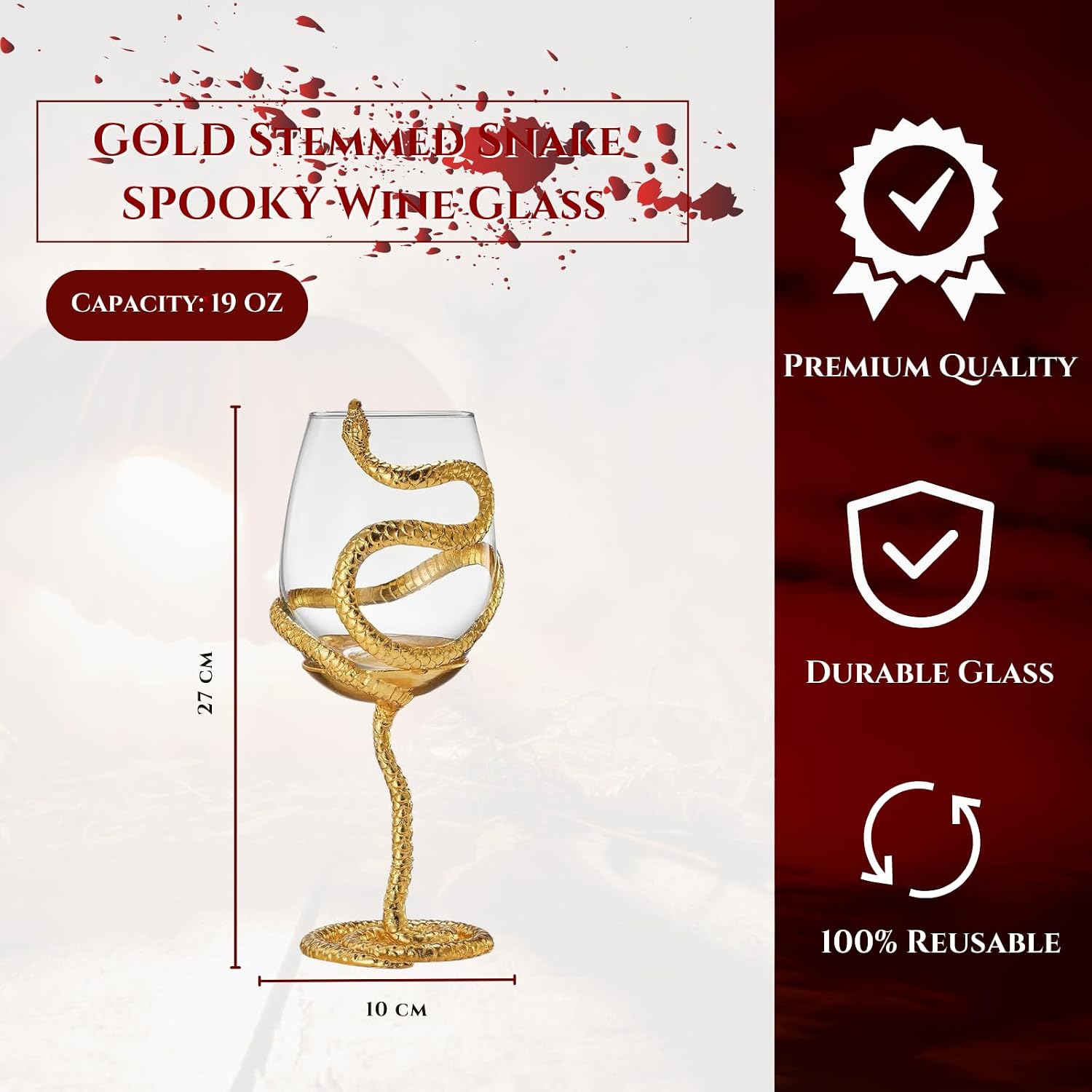 Stemmed Snake Wine Glasses, Set of 2 Glass, 19oz 10 Inch Tall Gothic Reptile Goblet - Gold Spooky Décor Skeleton Inspired Gifts Graveyard Themed Parties Seasonal Entertaining & Unique Gift