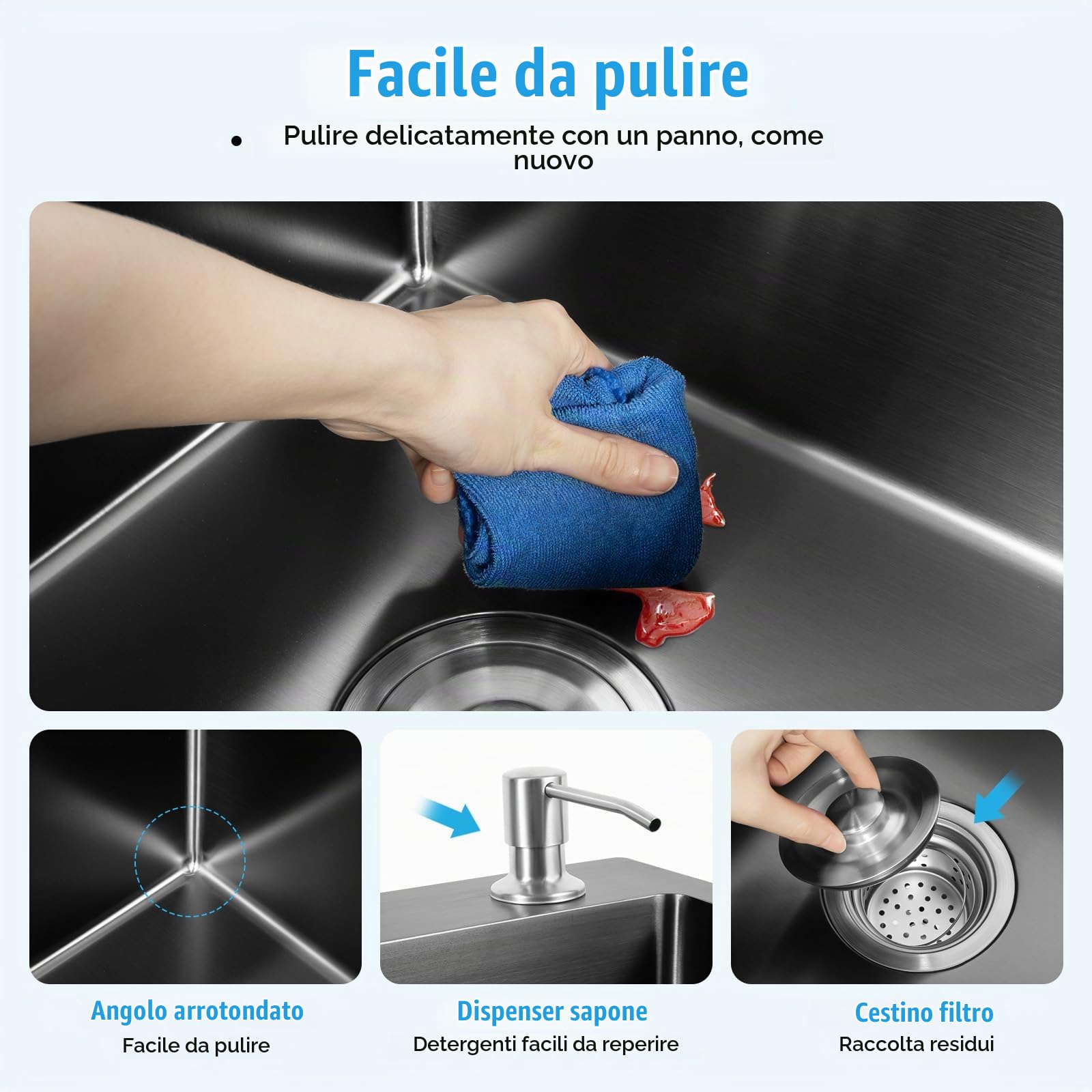 Lavello da cucina doppio in acciaio inox, 2 vasche da incasso, con scolapiatti e dispenser di sapone, colore: nero, 78 x 43 x 22 cm