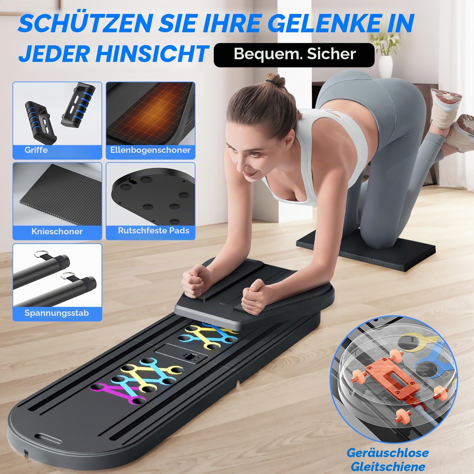 Mini-Pilates-Trainer, 6-in-1 mit intelligentem Zähler, Pilatesbrett mit Widerstandsbändern, automatischer Rückprallrolle, zusammenklappbares Bauchbrett