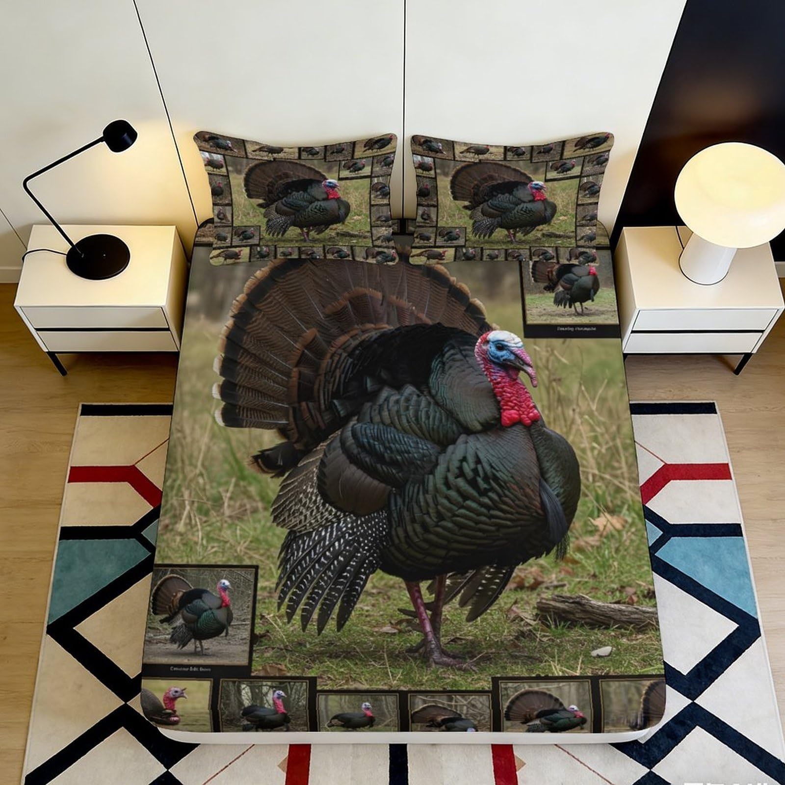 Uynsixtme Style-1 3D Printed Wild Turkey Fitted Sheet Microfiber Deep Pocket Non-Slip Bedding Set Turkey Mattress Fitted Cover Elastic Hem For Adult Teen Bedroom 140X200x25cm