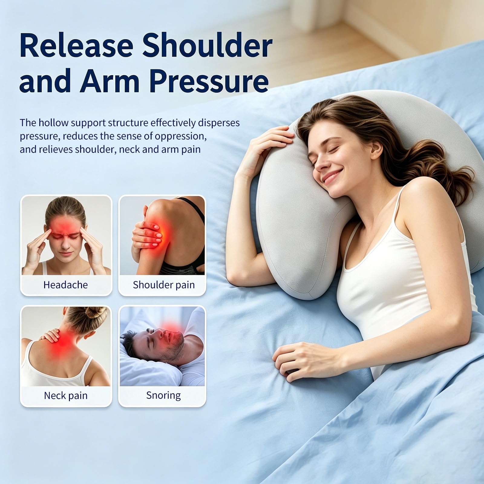Seitenschläferkissen mit Armloch, Seidigem Kühlbezug Ergonomisches Nackenkissen aus Memory-Schaum, Nackenkissen mit Armloch, C-Form für Seitenschläfer, Rücken und Bauchschläfer