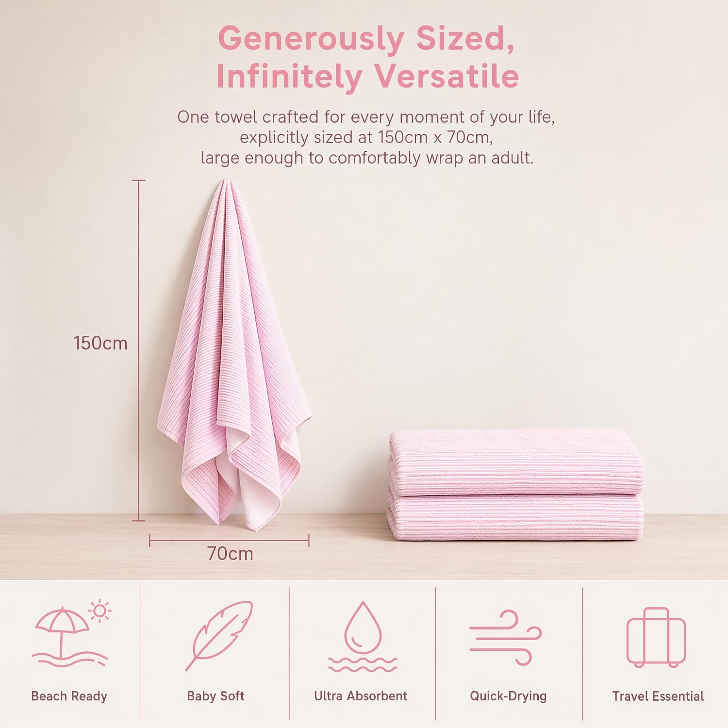 Beach Towel,Bath Towels,Cooling Towels for Men & Women Pink | Premium pure cotton,ultra absorbent&quick drying,lightweight portable