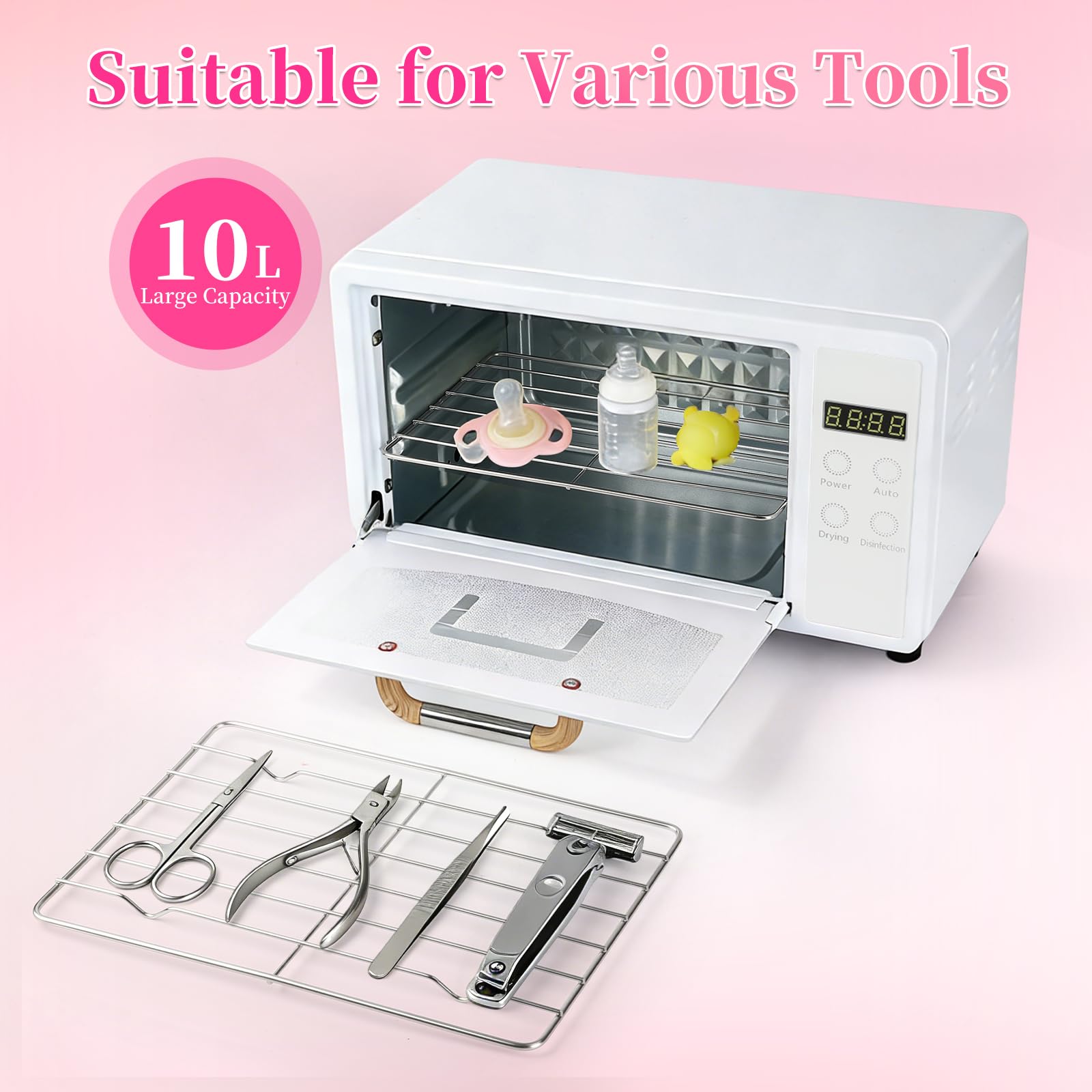 Esterilizador de herramientas de uñas, esterilizador grande de doble capa de 10 L para herramientas de uñas, gabinete limpiador de herramientas de manicura multifuncional con ajuste de