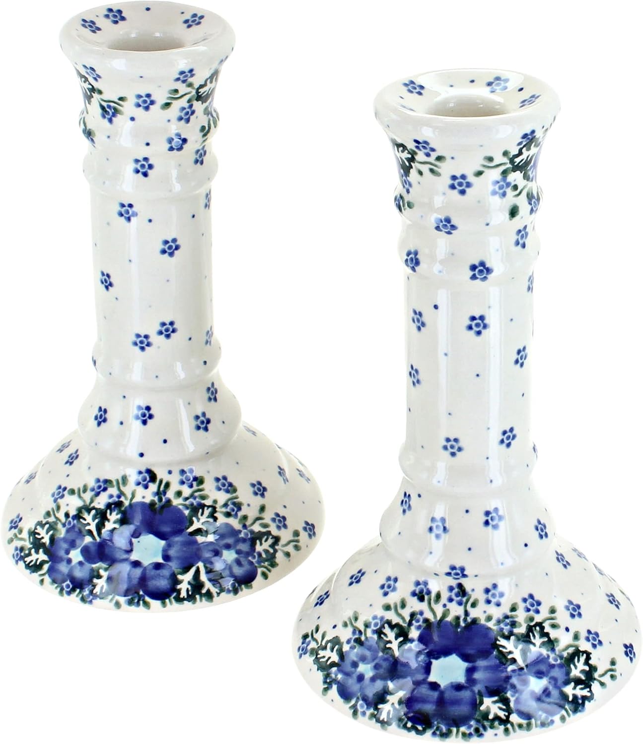 Blue Rose Polish Pottery - Garden of Blue Candlestick Pair - 7.5" Tall - Hand-Painted Polish Pottery Ceramic Candle Holders