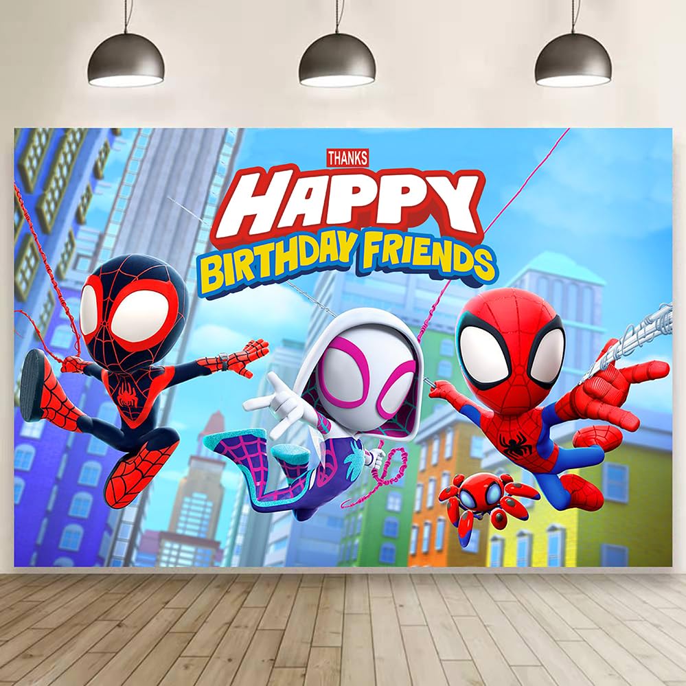 Spider and His Friends Birthday Decorations,Spider and His Friends Happy Birthday Banner Backdrop for Kids Birthday Party Supplies (5x3ft)