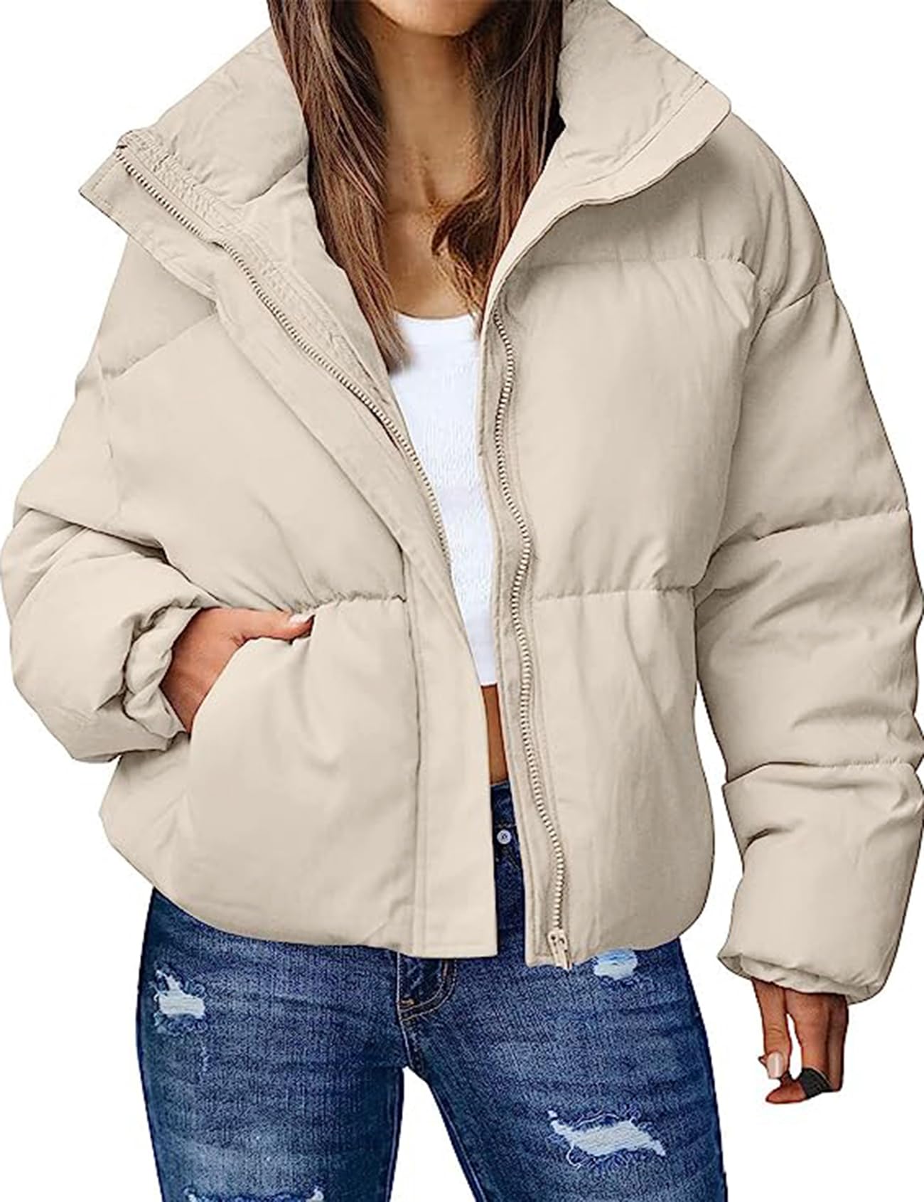 Wyeysyt Women's Winter Cropped Puffer Quilted Jacket Long Sleeve Zip Warm Short Coats Stand Collar Jacket with Pockets