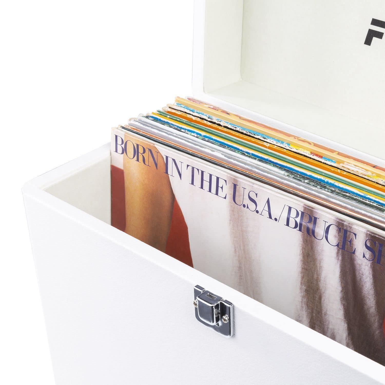 Fenton RC30 Plattenkoffer für LPs, Schallplatten Aufbewahrung, Vinyl Koffer, stilvolle und stabile Vintage Schallplattenbox, weiches Flanell innen, Weiß