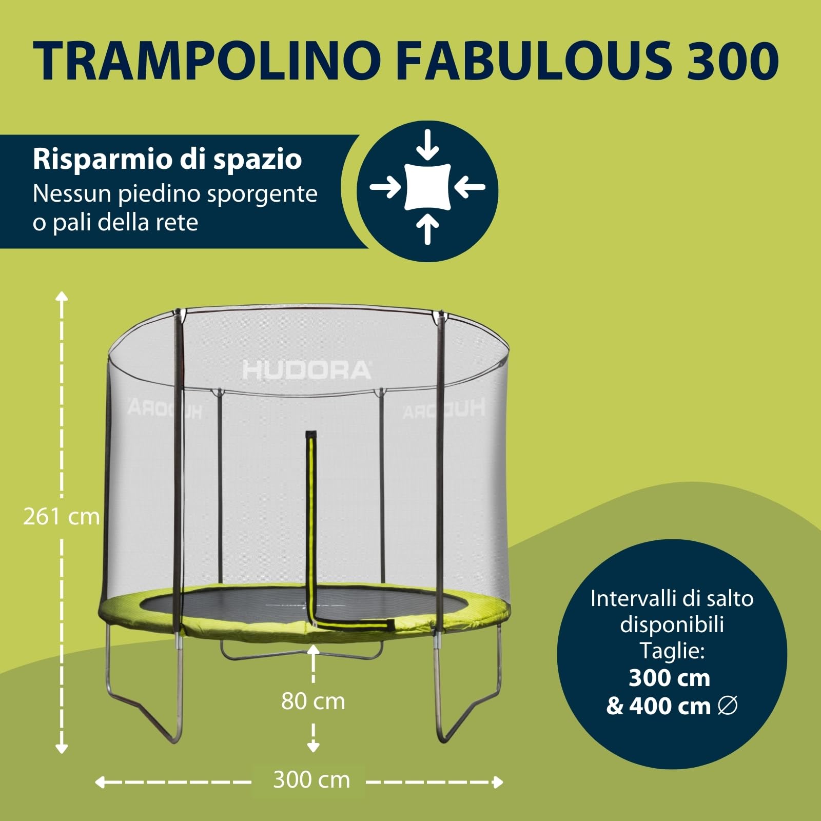 HUDORA Trampolino Fabulous 300V - Trampolino outdoor con rete di sicurezza - Trampolino da giardino per bambini e adulti - Trampolino con ampia copertura bordi fino a 100 kg