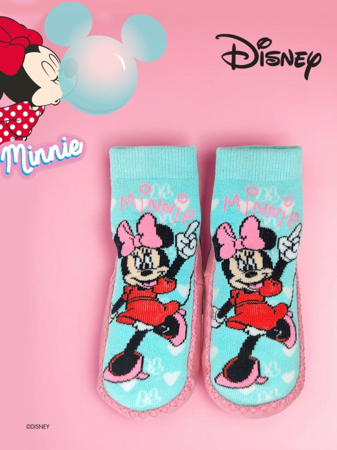 Yellow Bee Girls' Disney Minnie Mouse Cozy Leather Socks - Aqua & Pink, 12-24 Months - Image 2 thumbnail