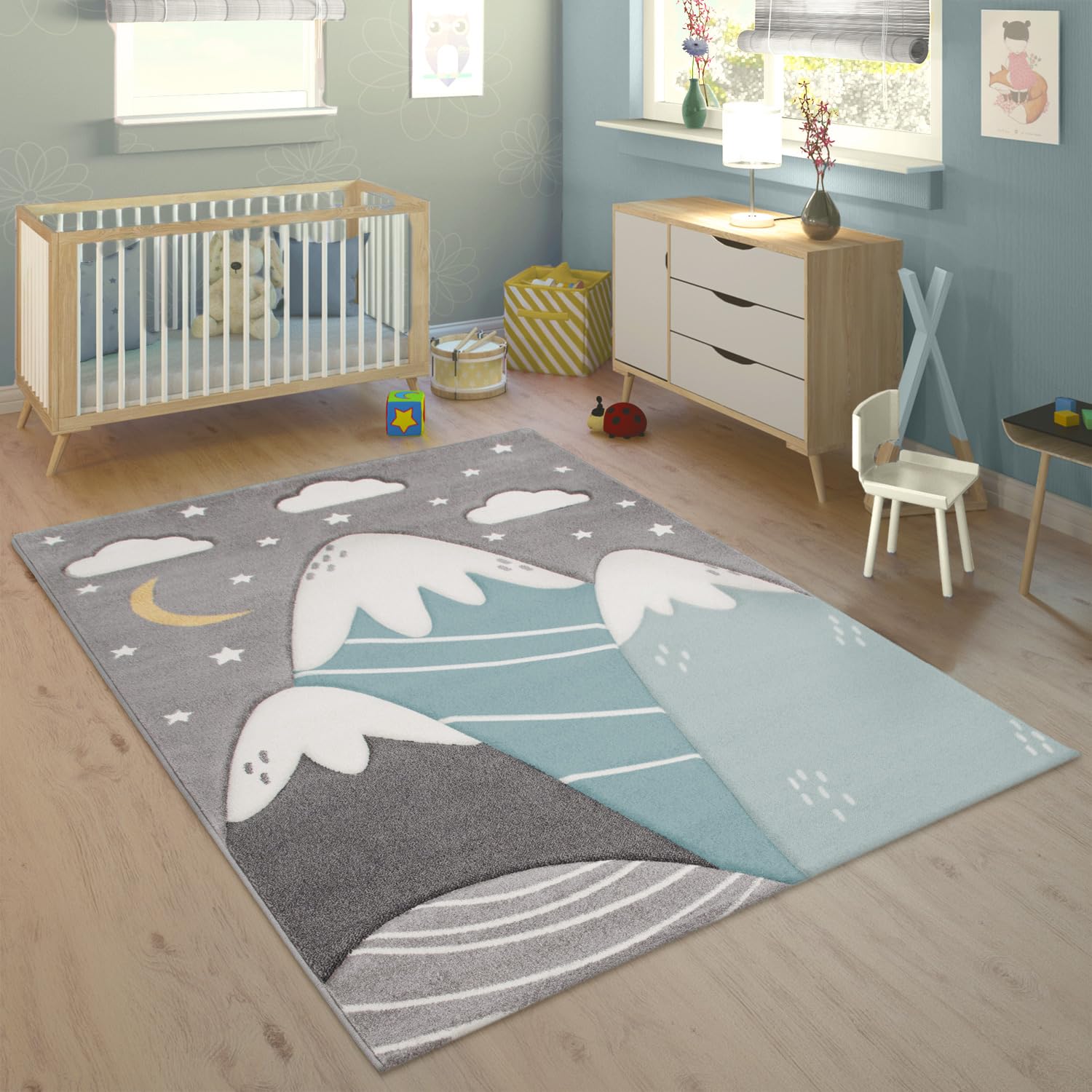 Paco Home Teppich Kinderzimmer Kinderteppich Spielteppich Junge Mädchen 3D Optik Modern Pastell Berge Wolken Sterne, Grösse:240x340 cm