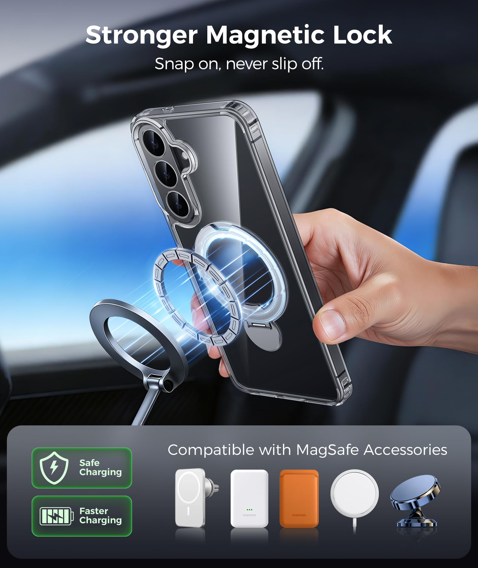 FNTCASE Funda transparente para Samsung Galaxy S26 FE con soporte magnético | Compatible con Magsafe, protector de pantalla, antiamarilleamiento, grado militar, a prueba de golpes, funda transparente