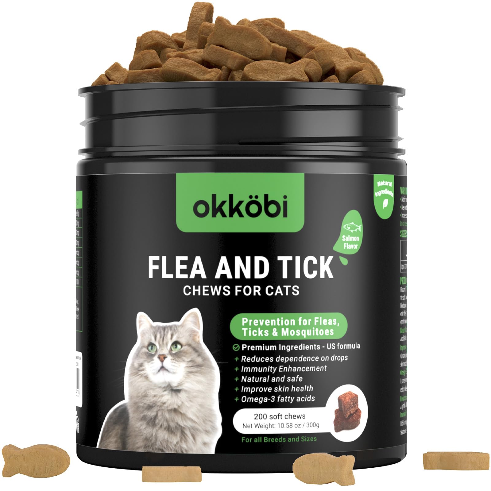 Flea and Tick Prevention for Cats Chewable - 200 Chews - Feral Cat Flea & Tick Control - Packed with Vitamins B1, B6, B12 & E - Salmon